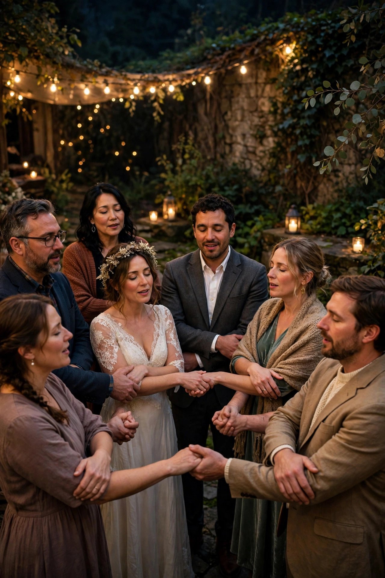 Guests in a closing circle holding crossed hands and singing Auld Lang Syne