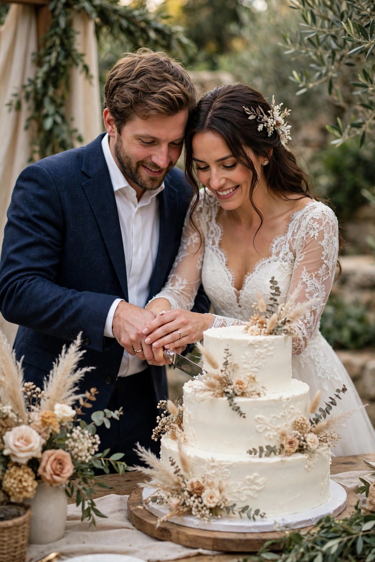 A couple cutting their wedding cake together with a ceremonial knife