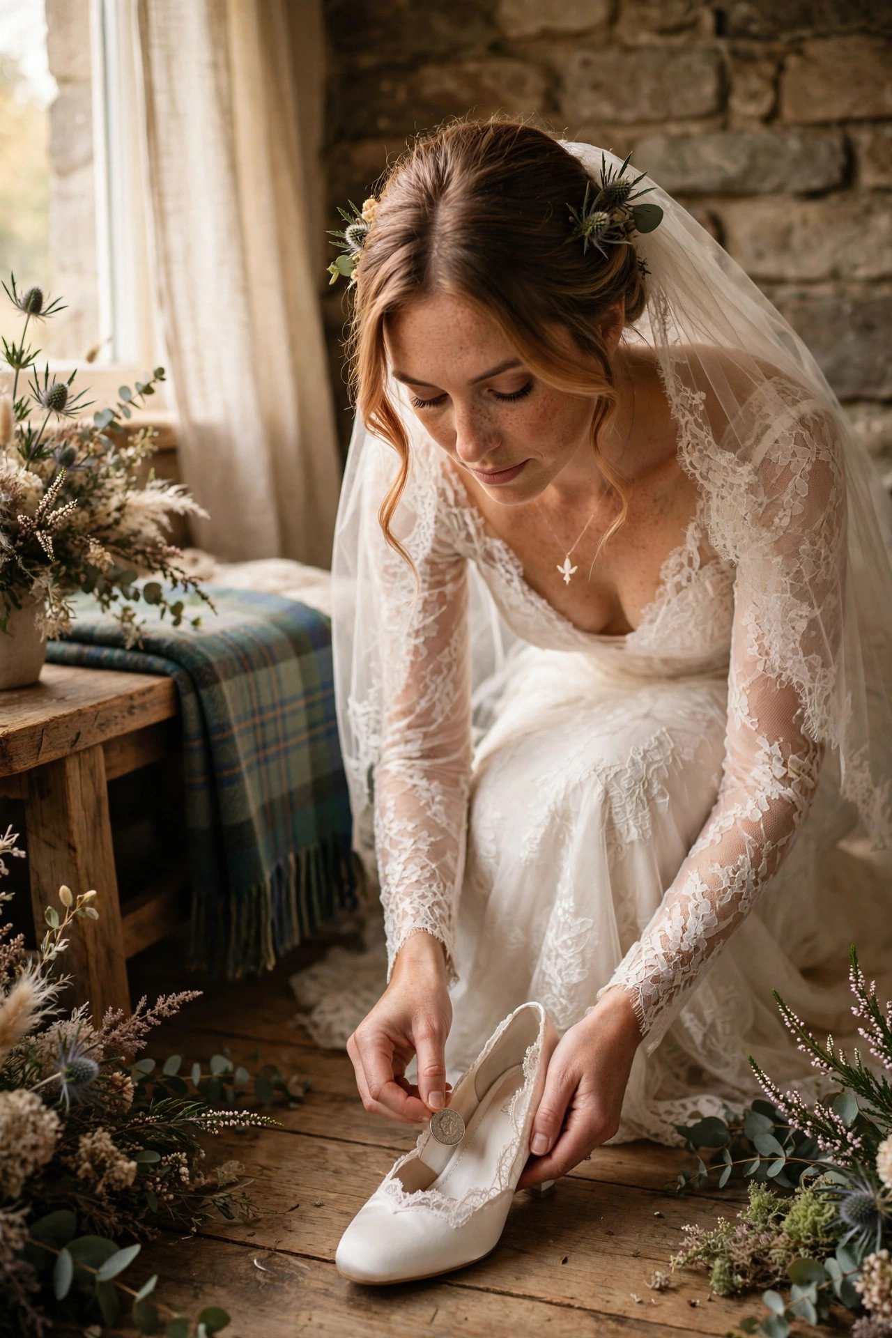 A bride placing a sixpence keepsake coin in her wedding shoe