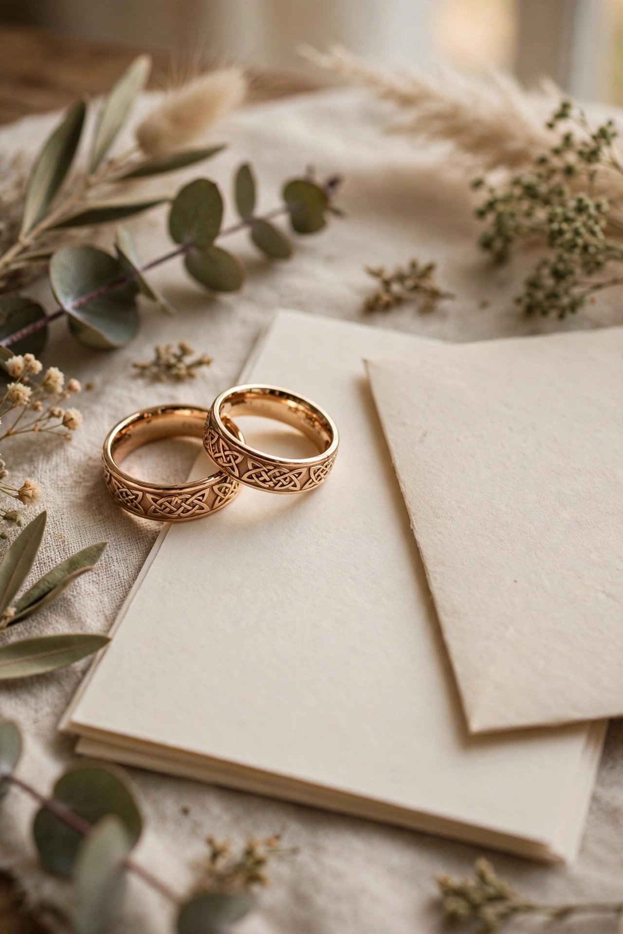 Celtic knotwork engraved on wedding rings and printed on stationery
