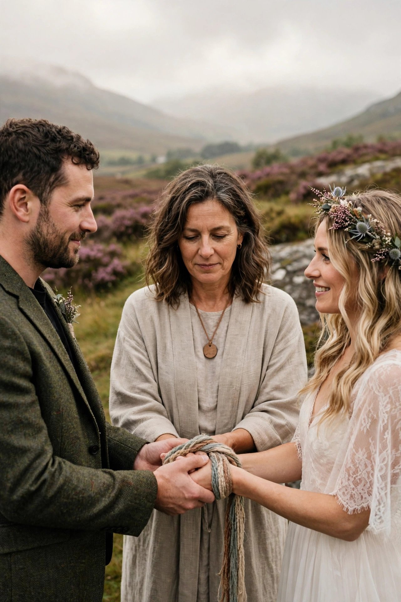 A celebrant conducting a handfasting ceremony outdoors in the Highlands