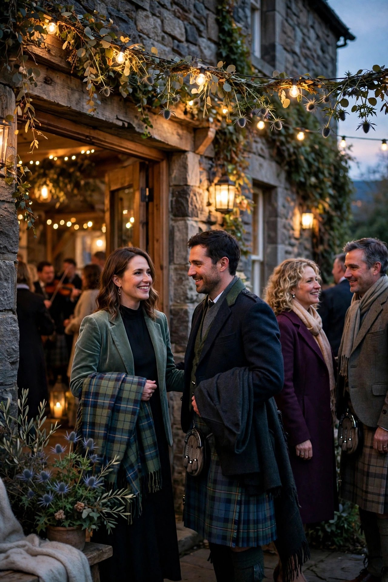 Evening guests arriving as the ceilidh begins at a Scottish reception
