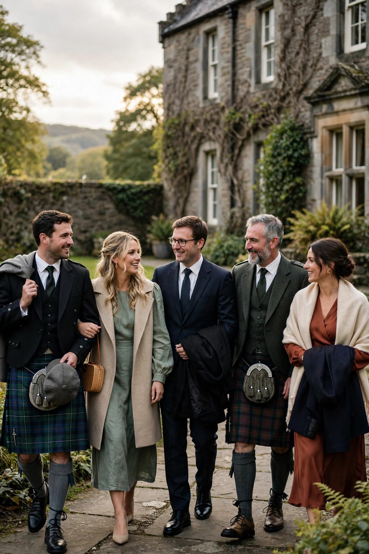 Guests in hired kilts and suits arriving at a Scottish wedding
