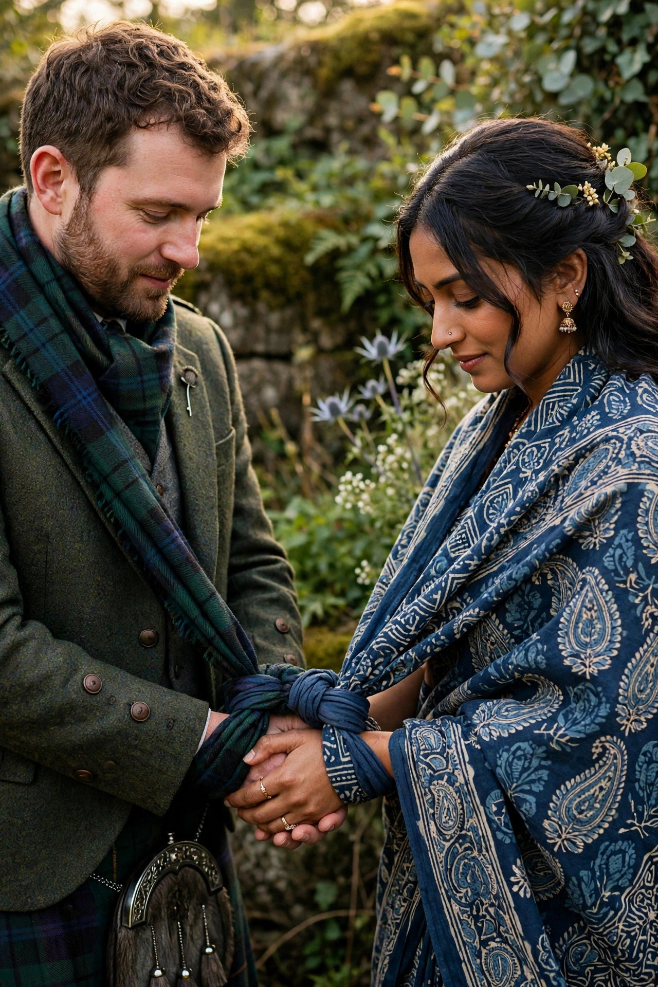 A handfasting binding tartan with another culture's textile in one knot