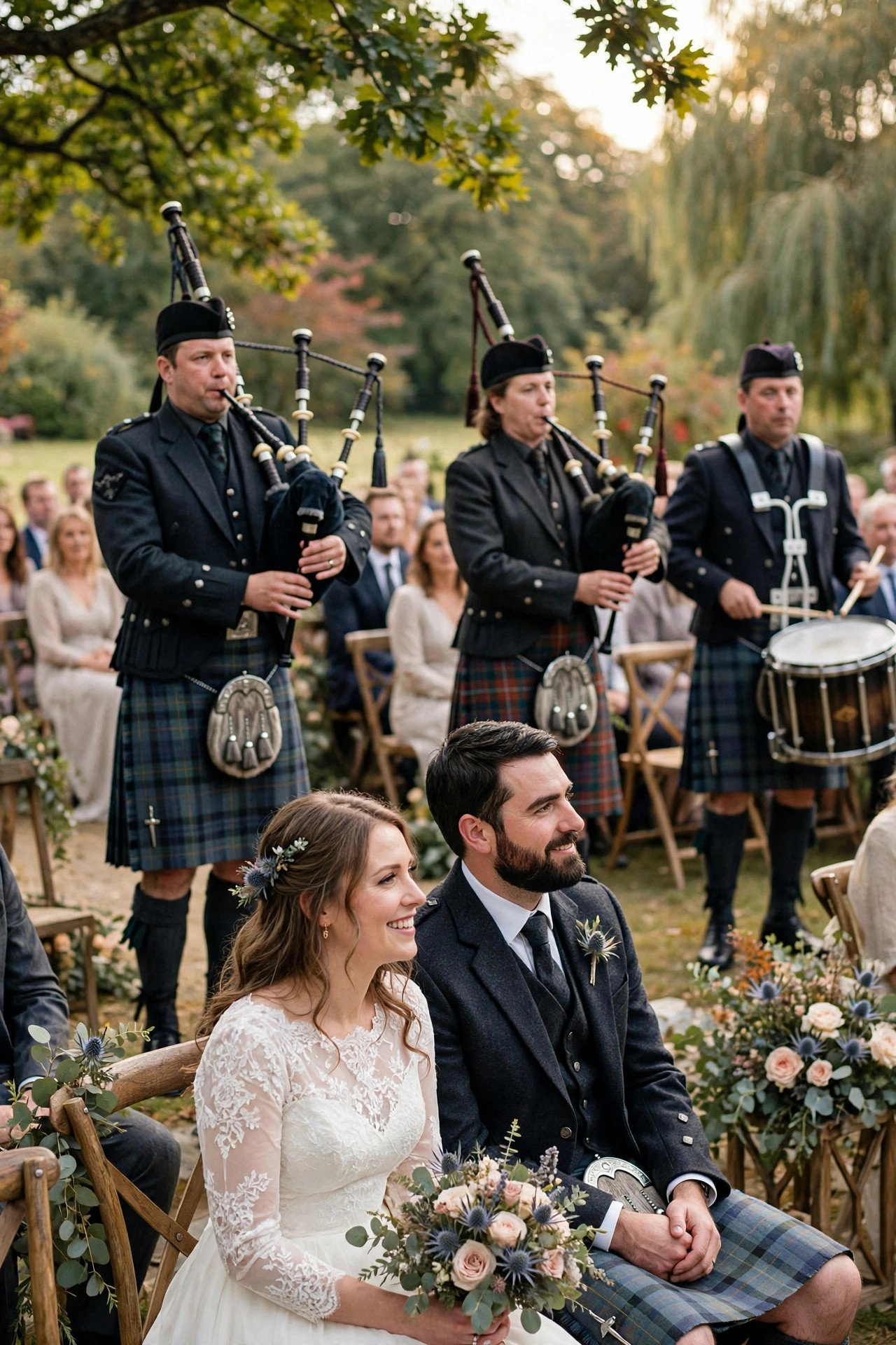 A pipe band performing at a diaspora Scottish wedding celebration