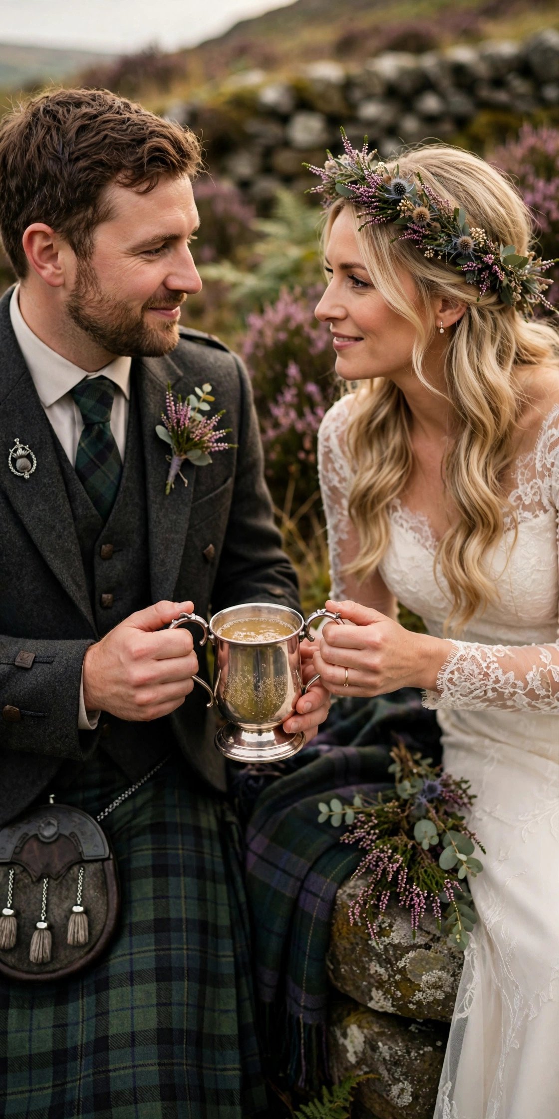 A Scottish wedding with the groom in a kilt, the couple drinking from a quaich, and tartan and heather details