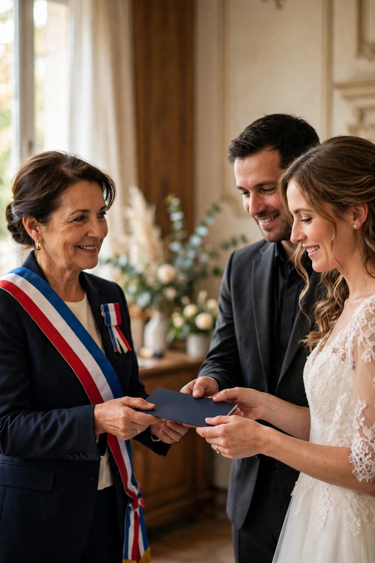 An official handing a livret de famille booklet to a newly married couple