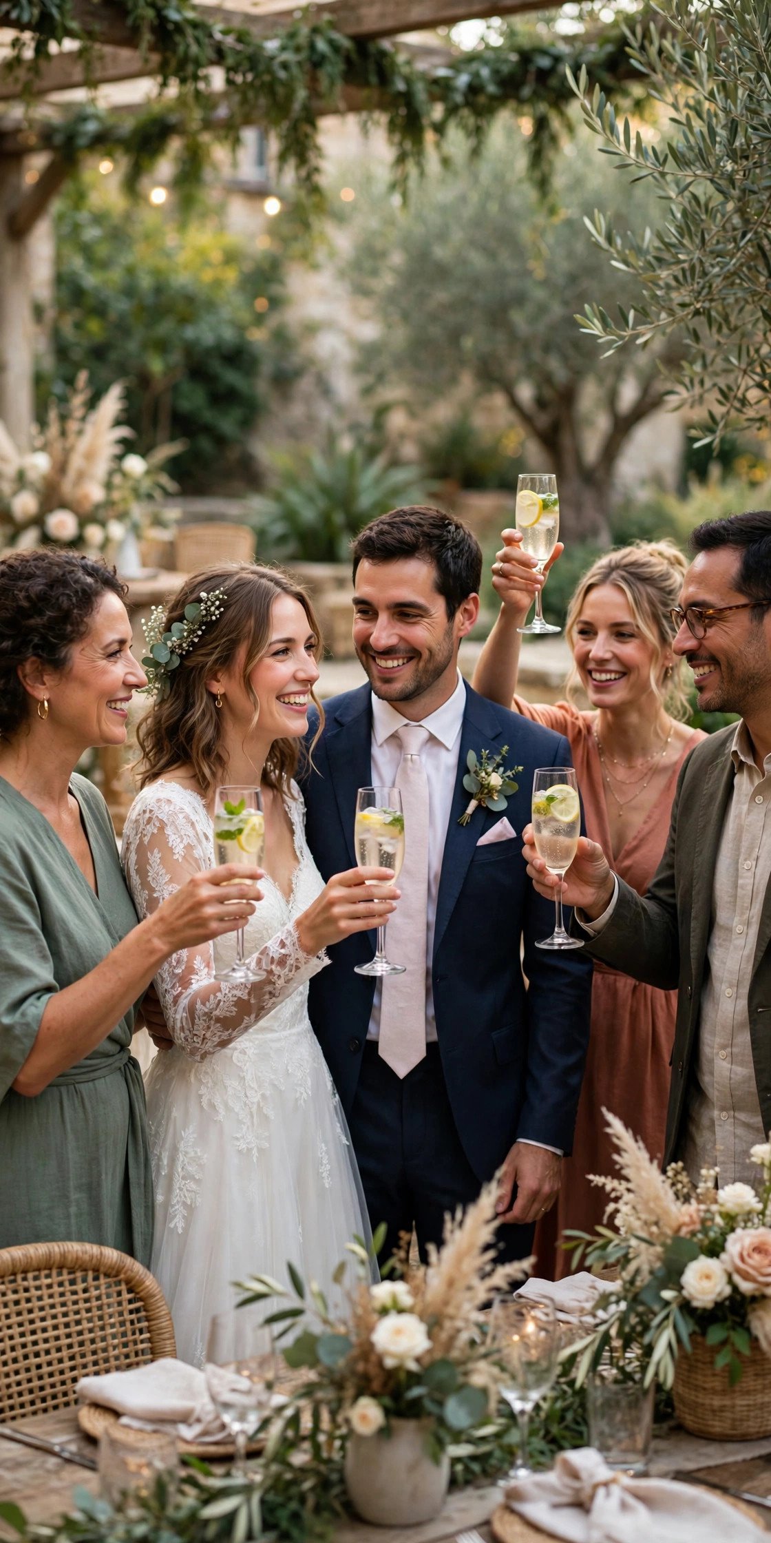 Guests greeting a couple and raising glasses at a vin d'honneur reception