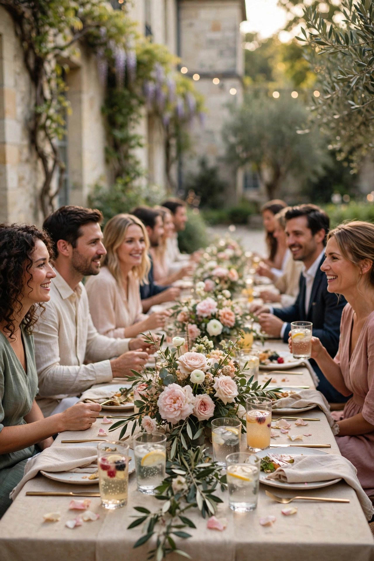 A long French wedding dinner table mid-service with guests between courses