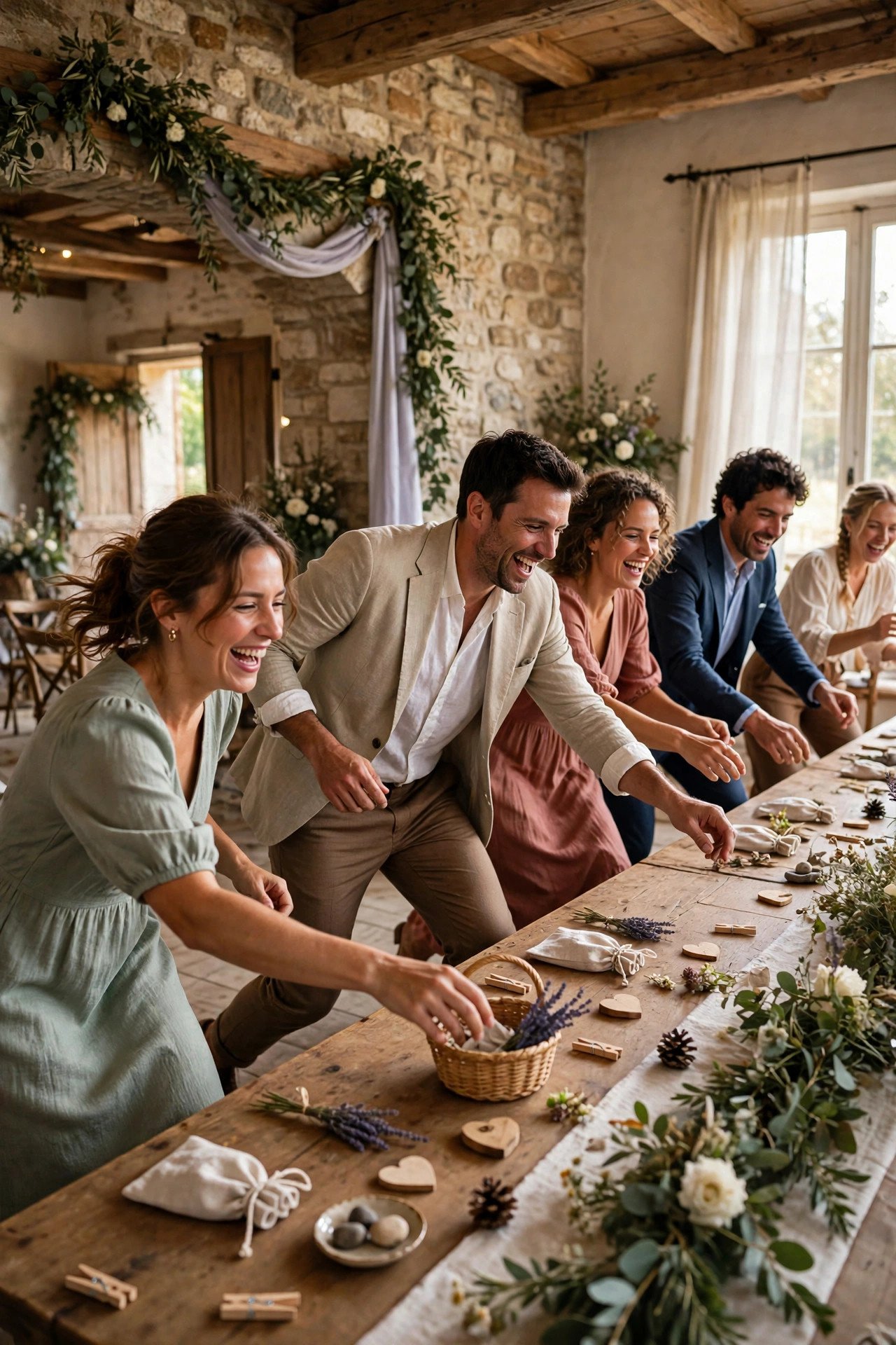 Guests racing to fetch objects during a wedding dinner game in France