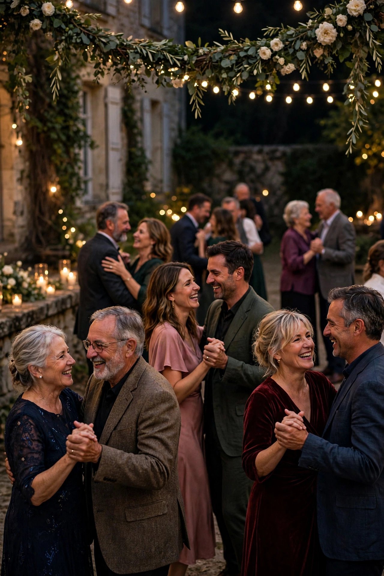 Guests of all generations dancing at a French wedding bal late at night