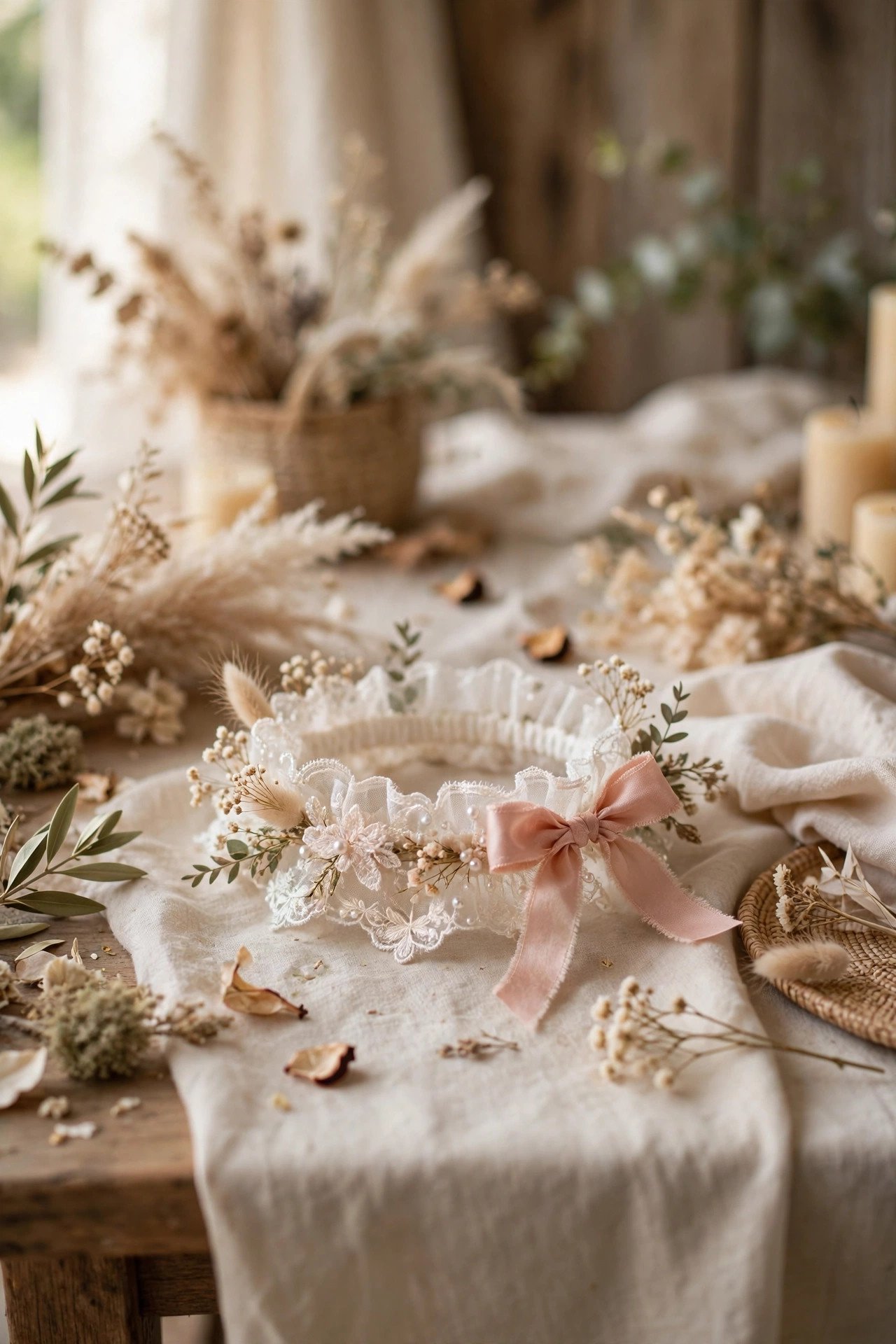 A decorated garter displayed on the gift table as a keepsake
