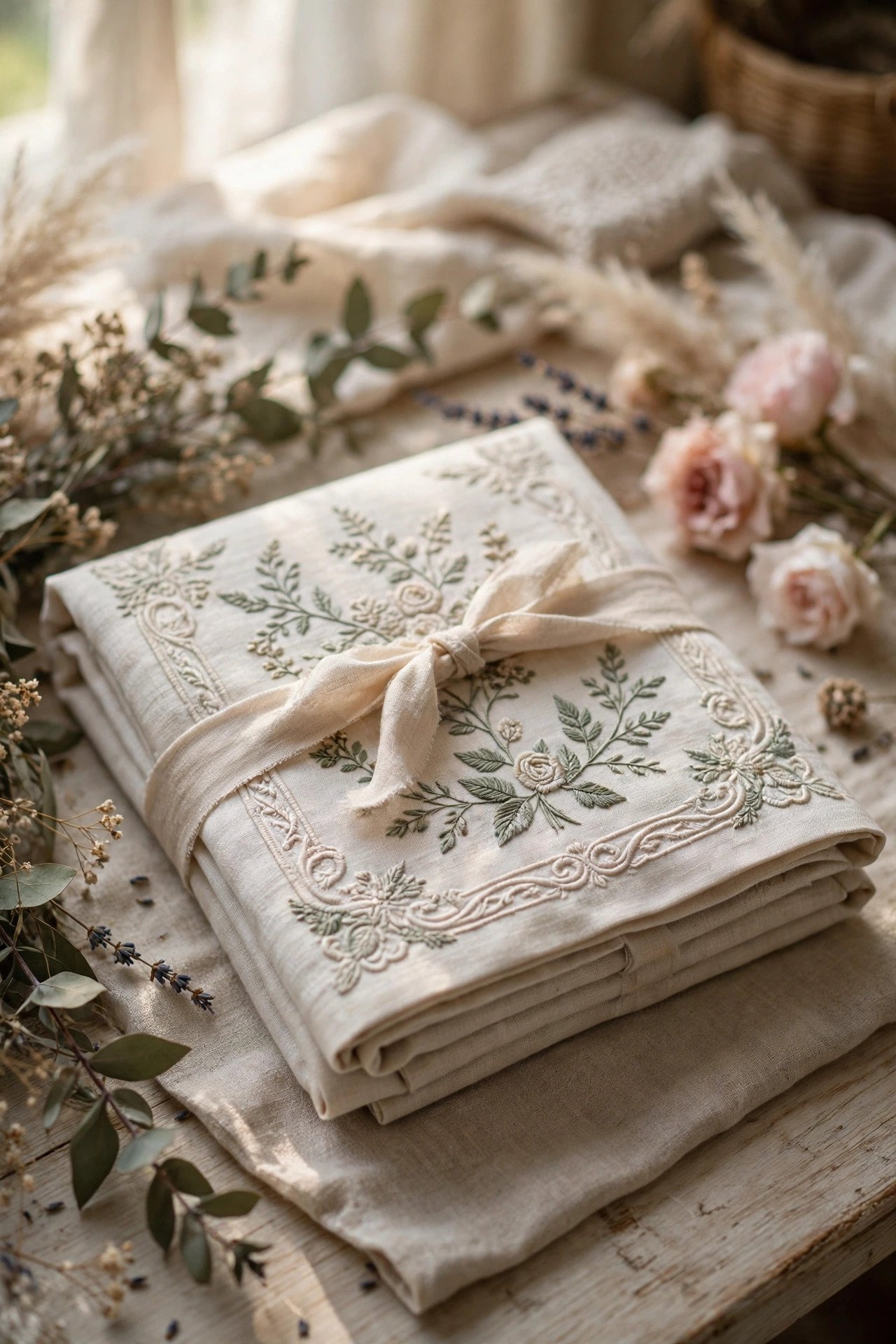 Embroidered family linen with initials folded for a wedding gift
