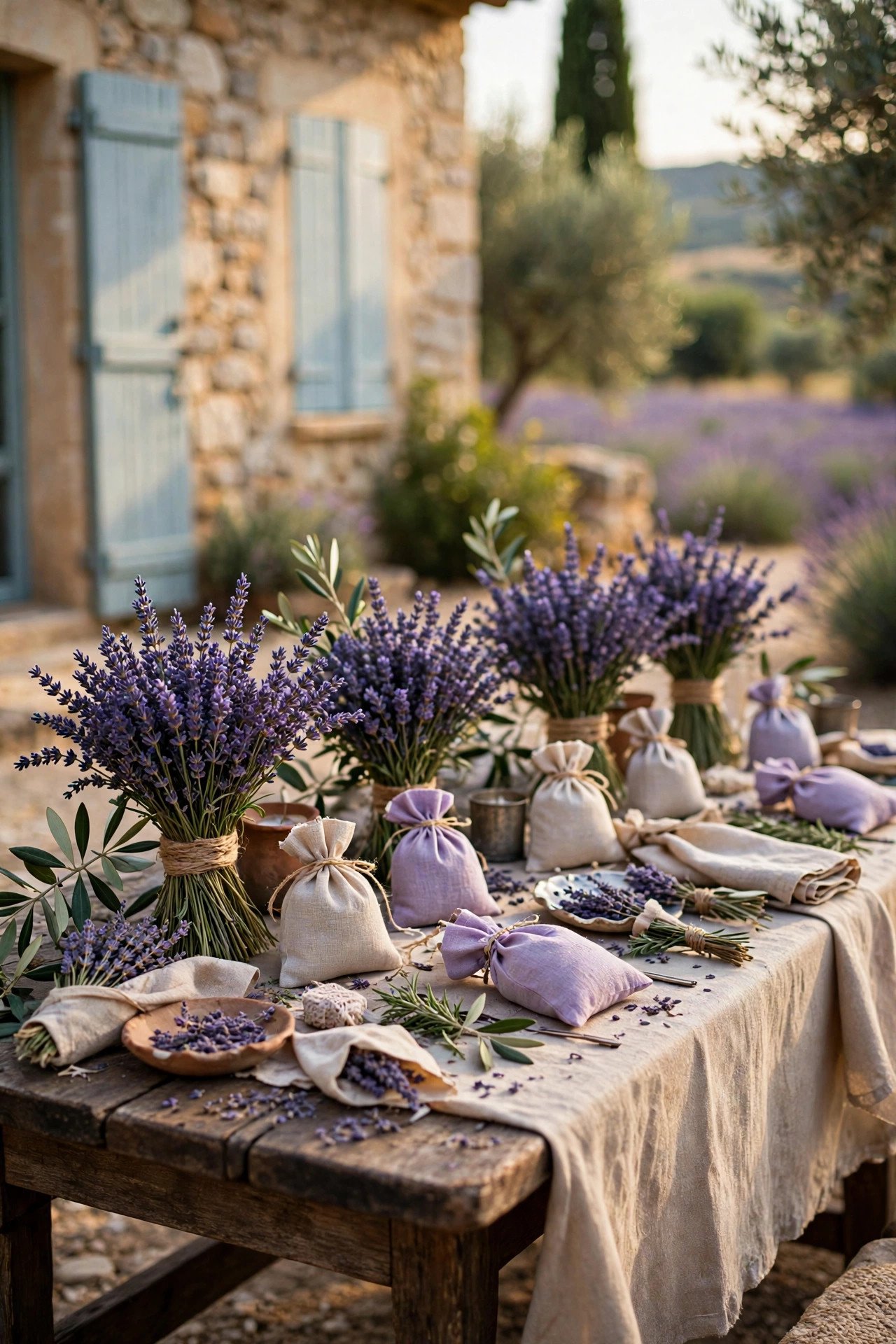 Lavender bouquets and sachets on a table at a Provençal wedding
