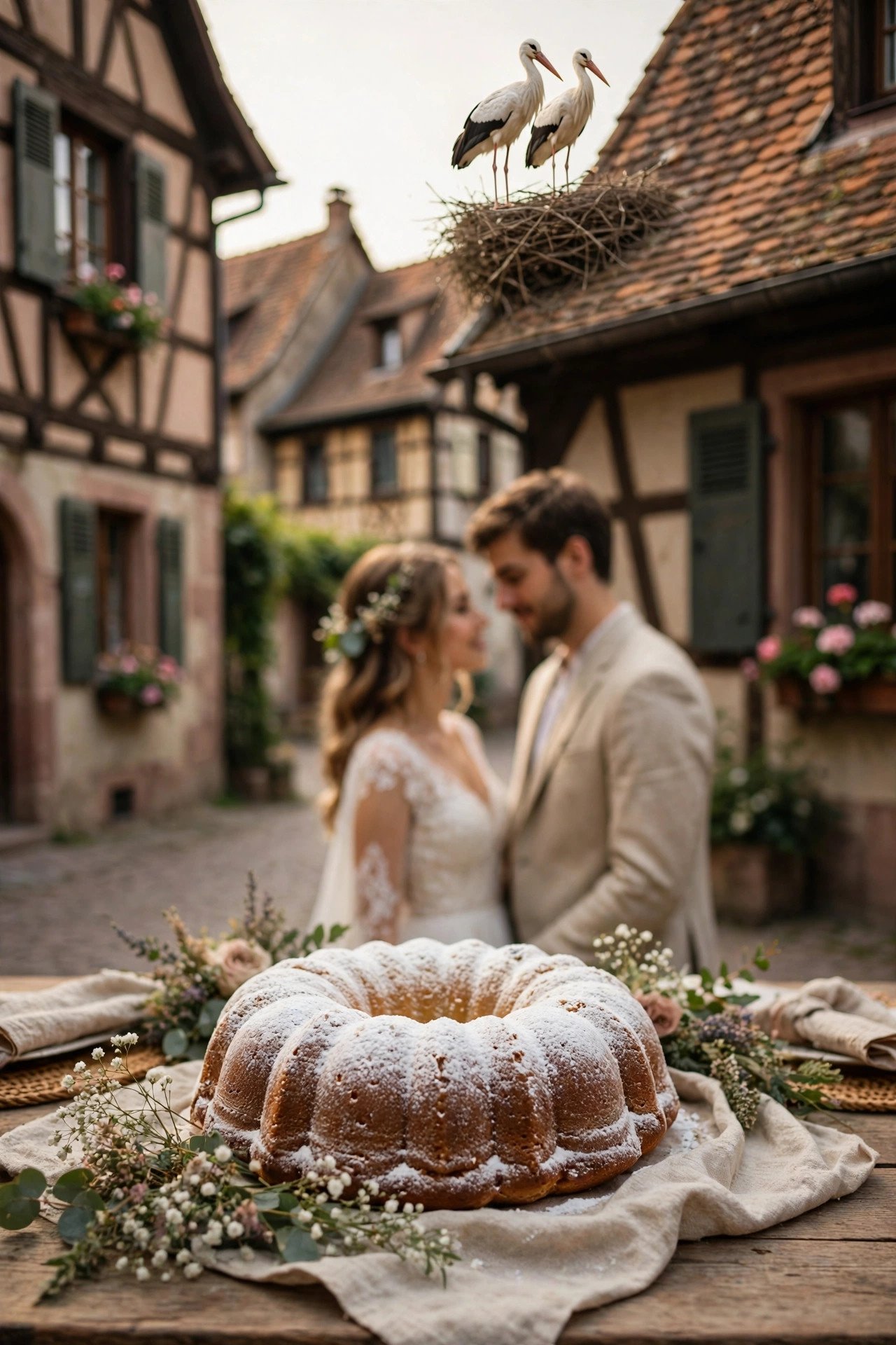 A kouglof cake dusted with sugar on a table in a half-timbered village setting
