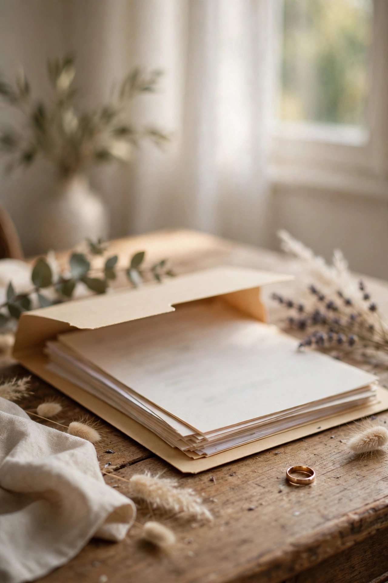 A folder of translated wedding documents on a desk with a mairie appointment letter