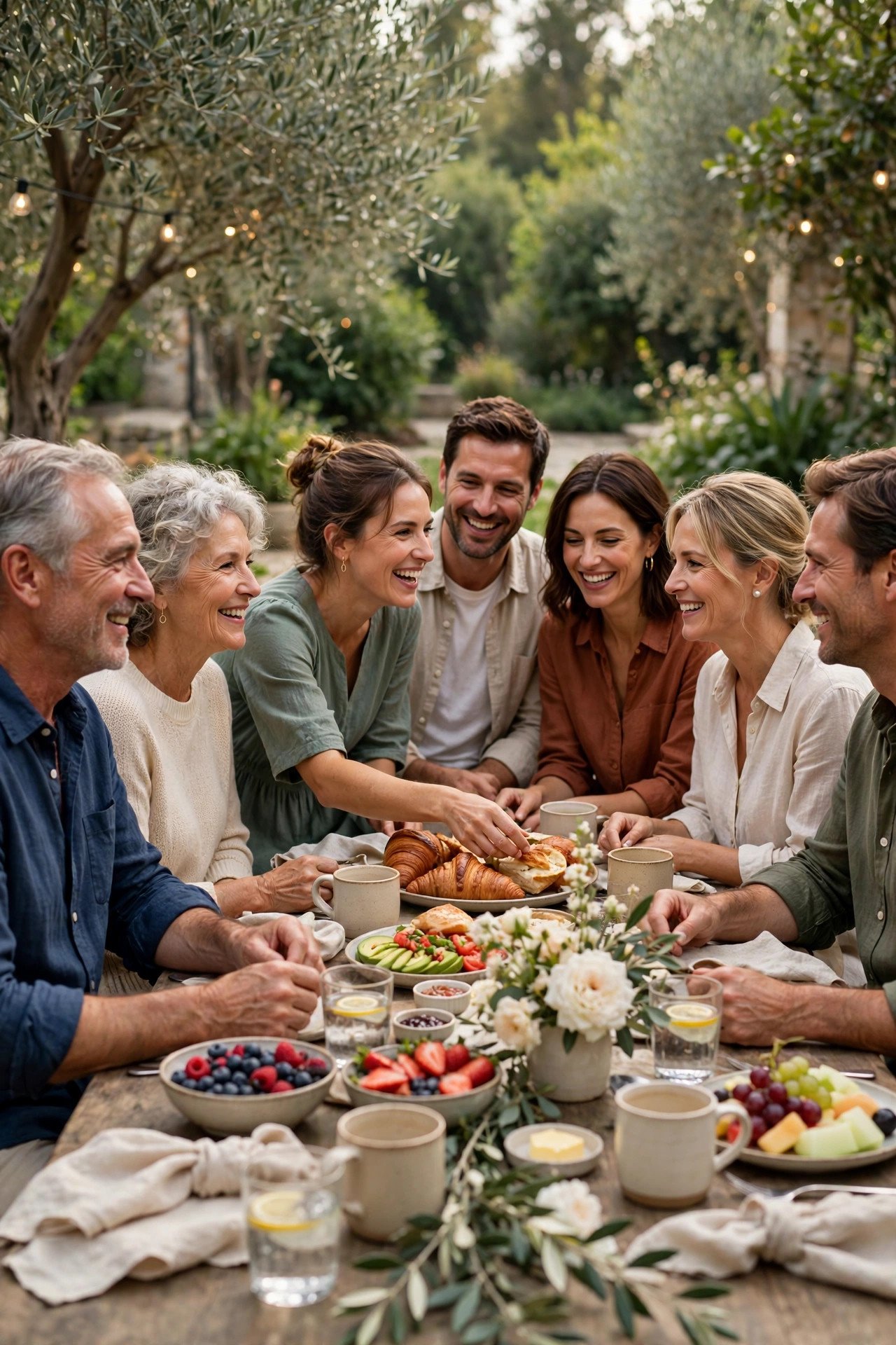 Family sharing brunch the day after a wedding at a long outdoor table