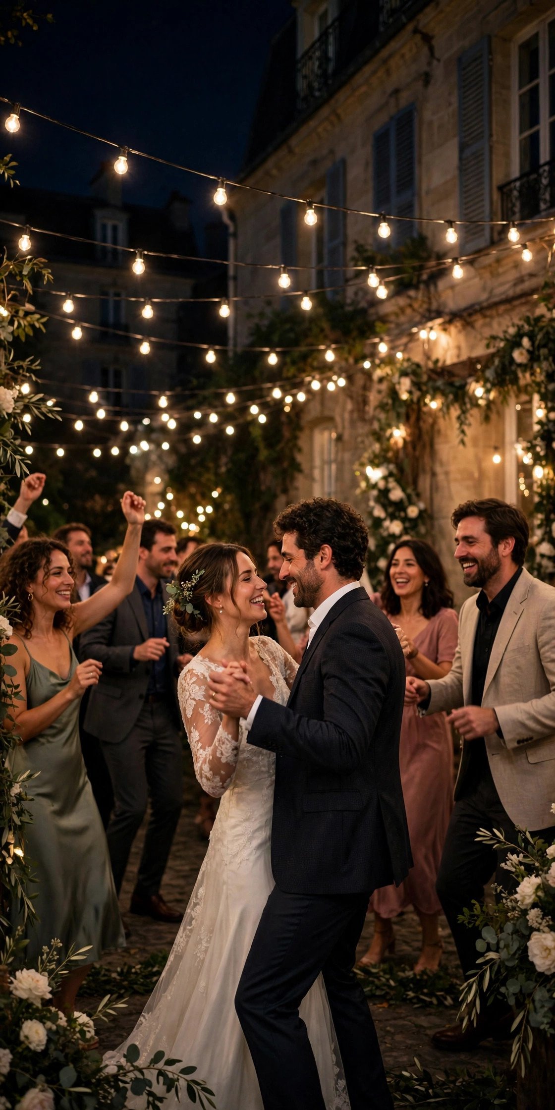 A wedding party dancing past midnight under festoon lights