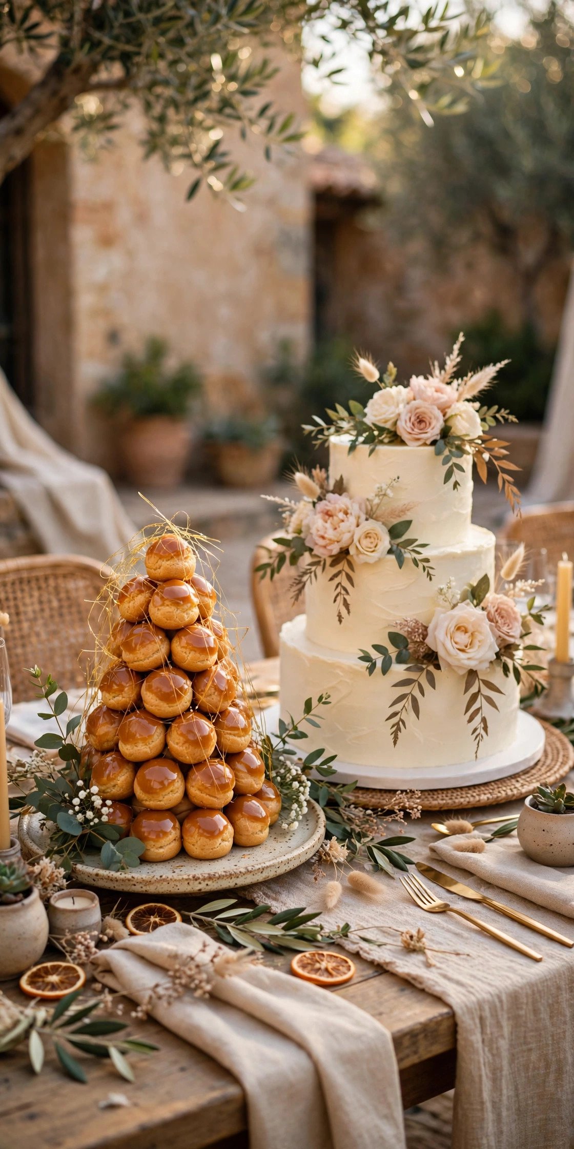 A croquembouche beside a tiered cake at a fusion wedding abroad