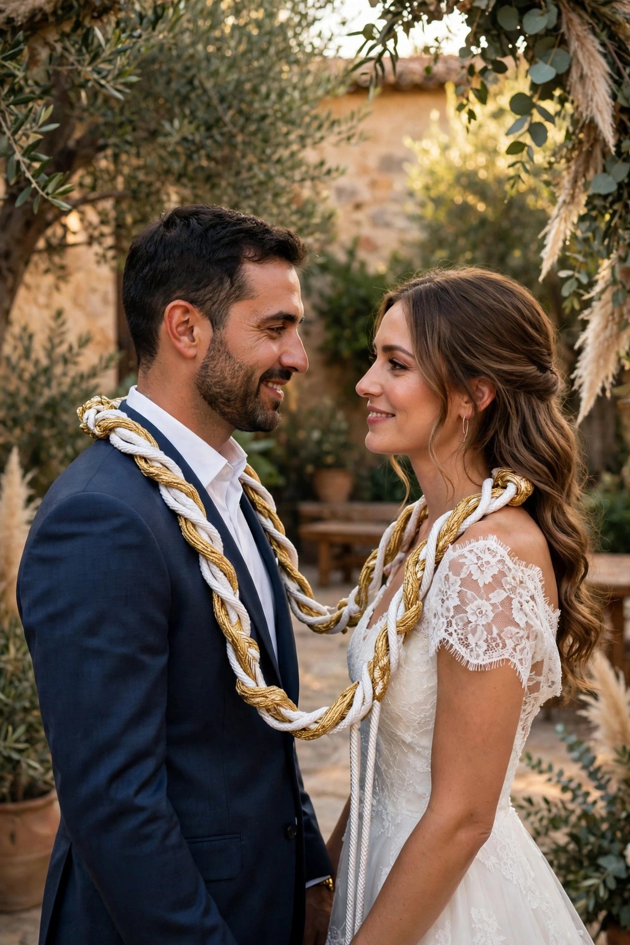 White and gold lasso cord draped over a couple's shoulders during a Spanish wedding ceremony