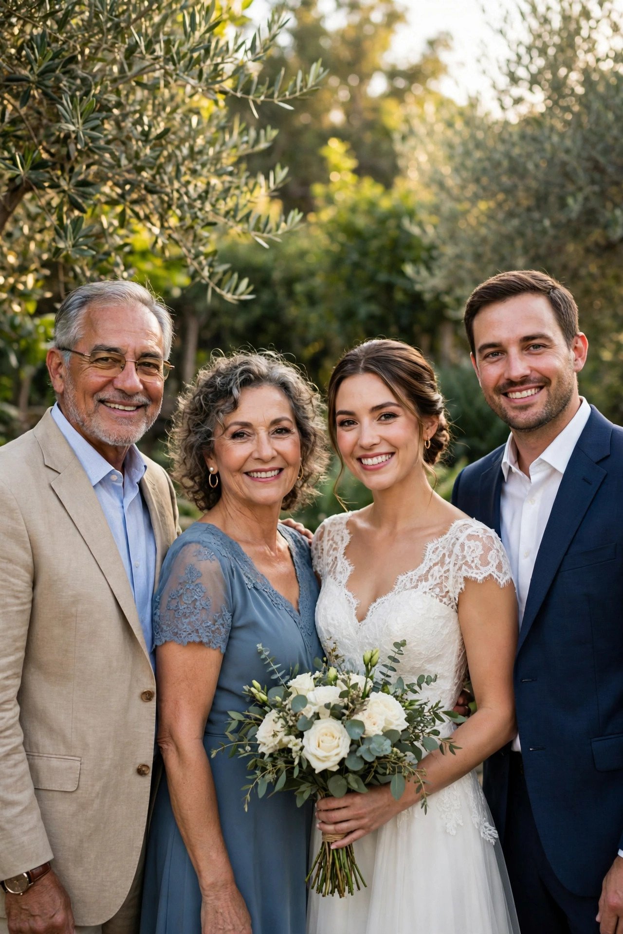 Older couple standing proudly beside a bride and groom as their wedding padrinos