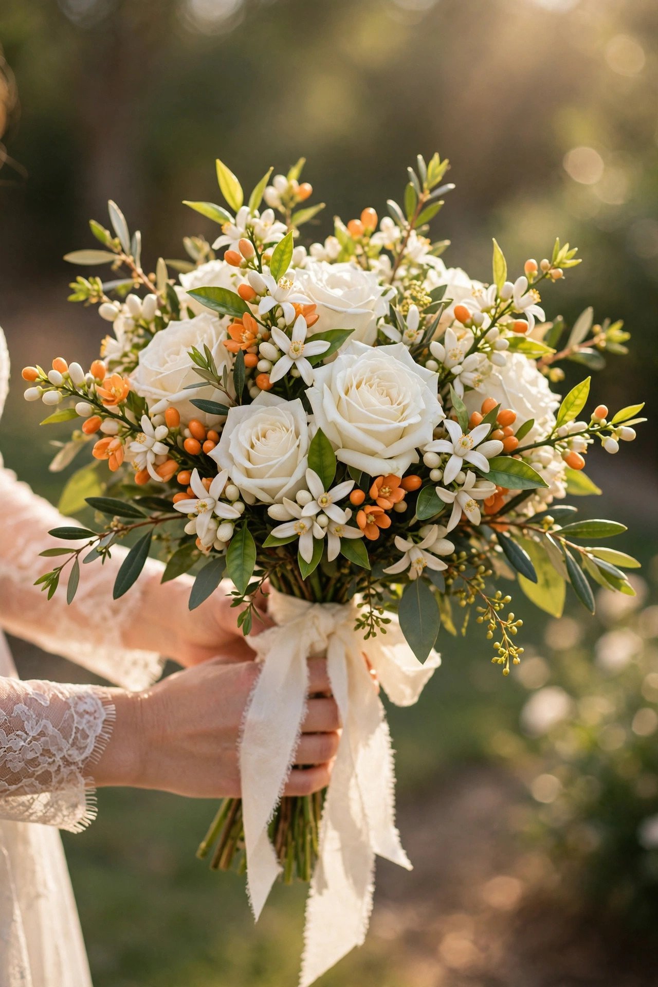 Bridal bouquet of white orange blossoms and roses tied with ivory ribbon