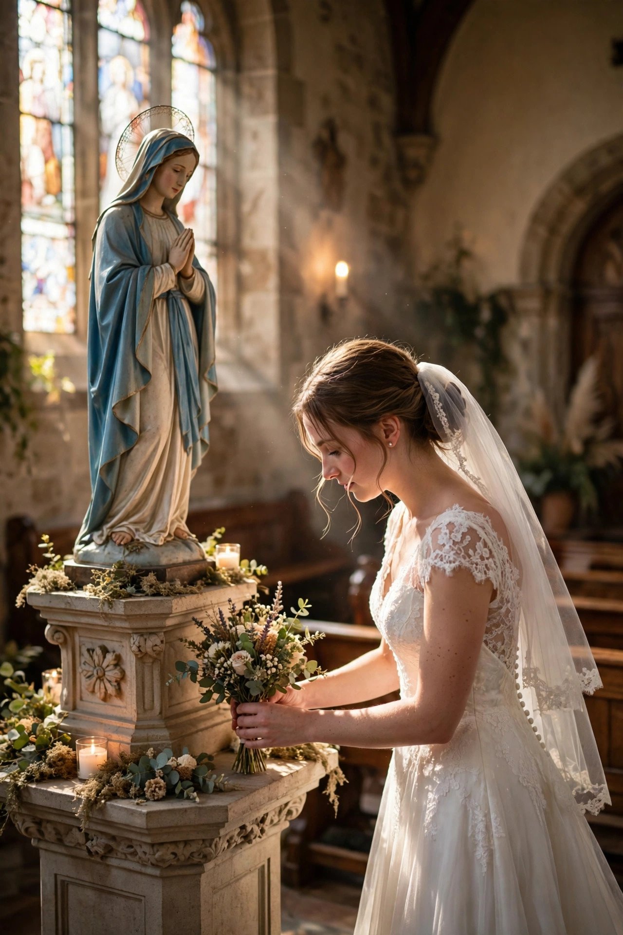Bride placing a small bouquet before a statue of the Virgin Mary inside a church