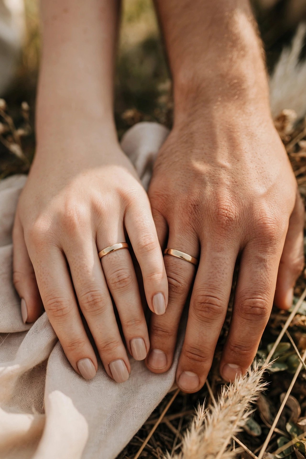 Couple's hands showing plain gold wedding bands worn on their right hands