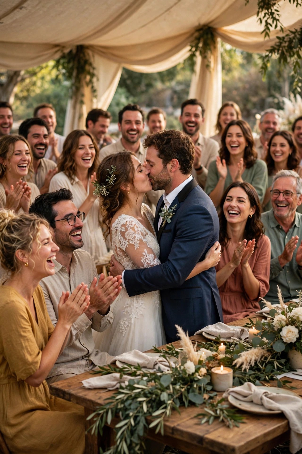 Wedding guests laughing and chanting at banquet tables while a couple kisses