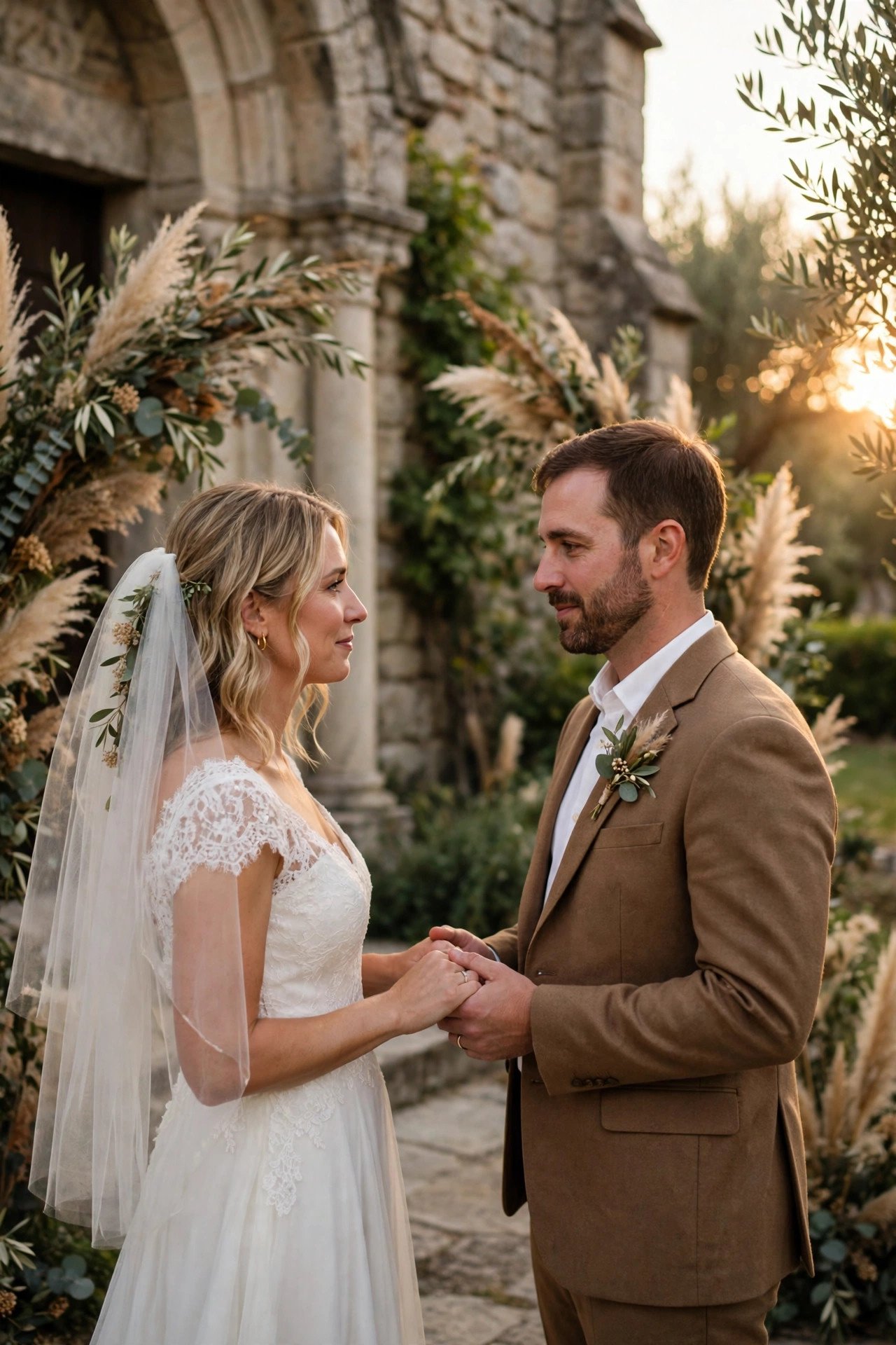 Couple exchanging vows in warm late-afternoon light outside a stone church