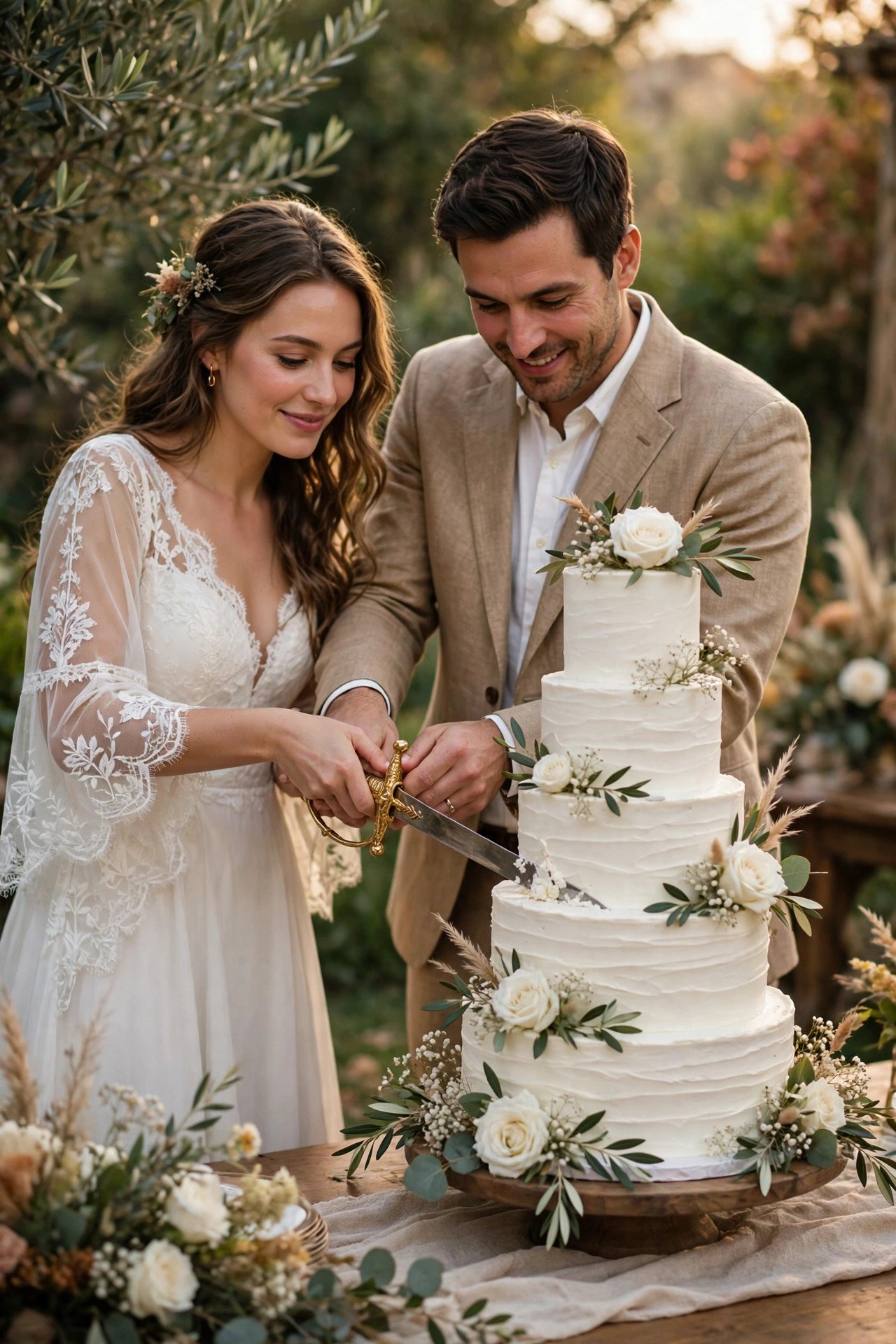 Couple cutting a tall white wedding cake together using a long ceremonial sword