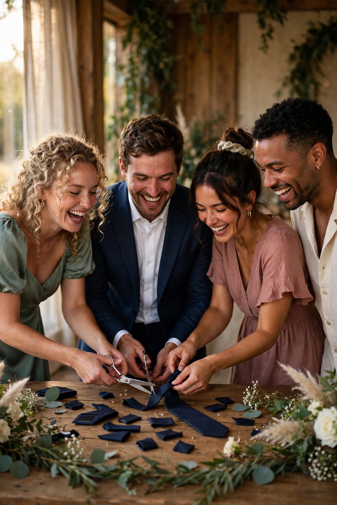 Best friends laughing while cutting the groom's tie into small pieces at a wedding reception
