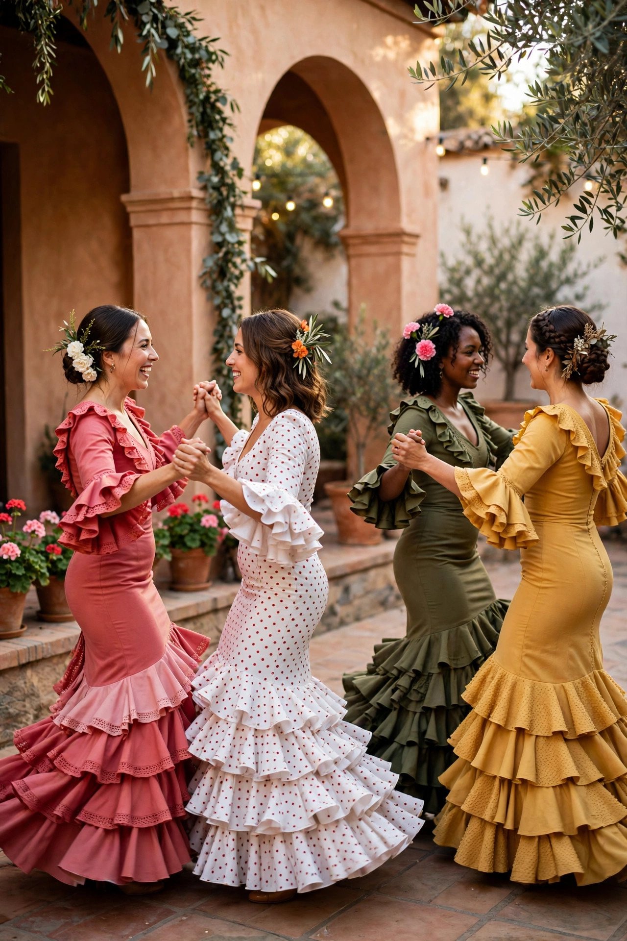 Women in ruffled dresses dancing sevillanas in pairs at an Andalusian wedding party