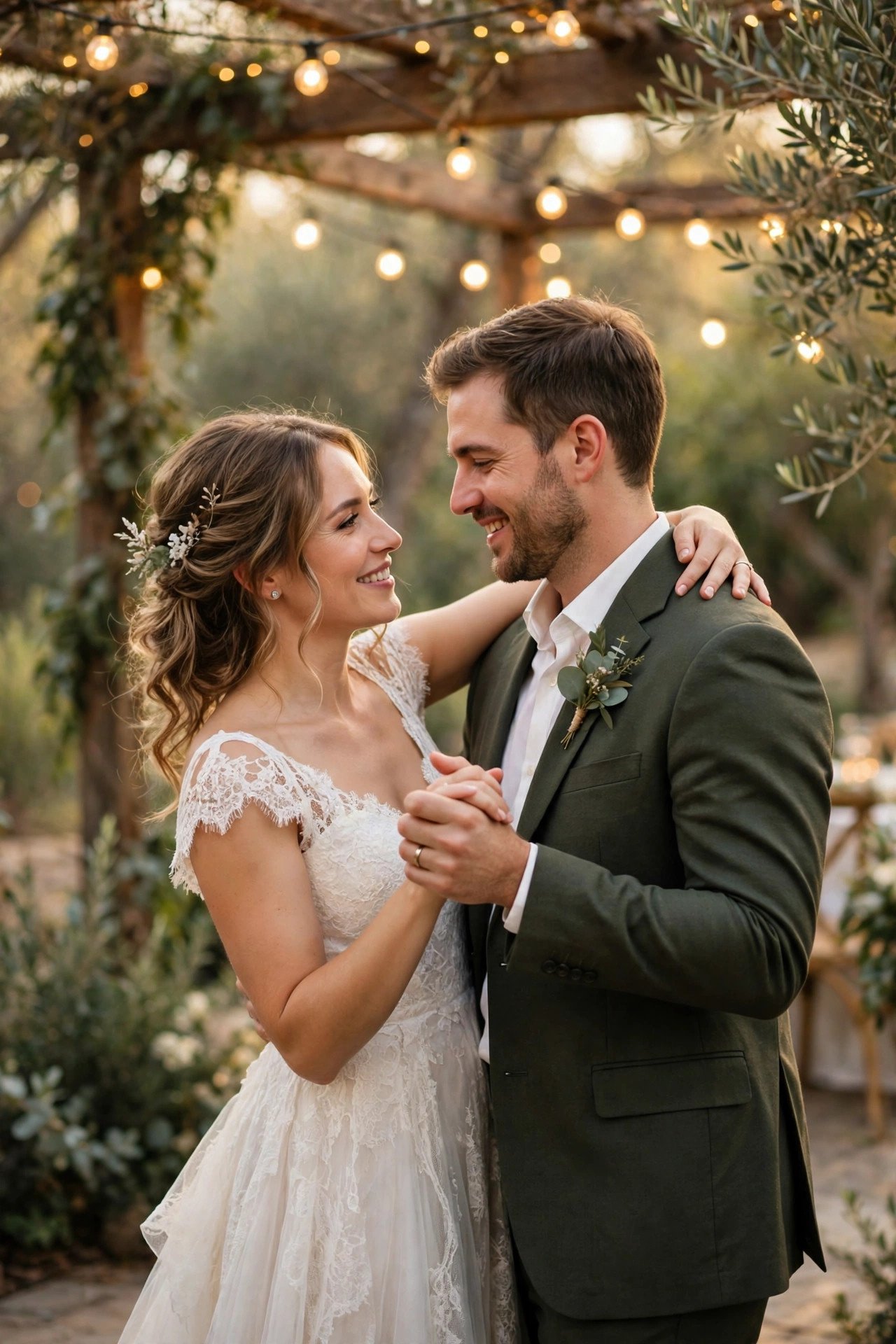 Couple dancing a gentle waltz as their first dance under string lights