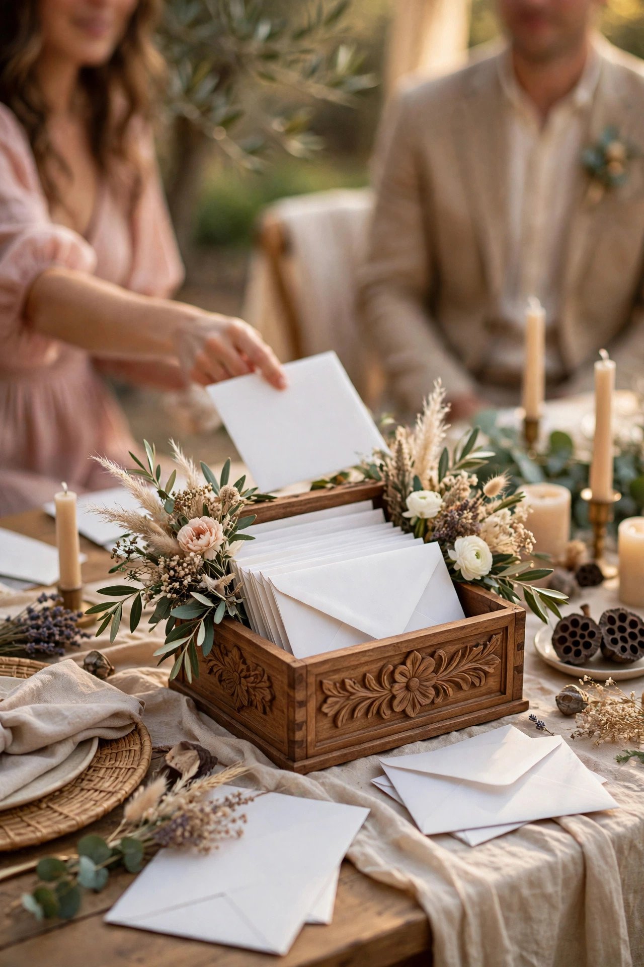 Elegant table with a decorated box collecting white gift envelopes from wedding guests