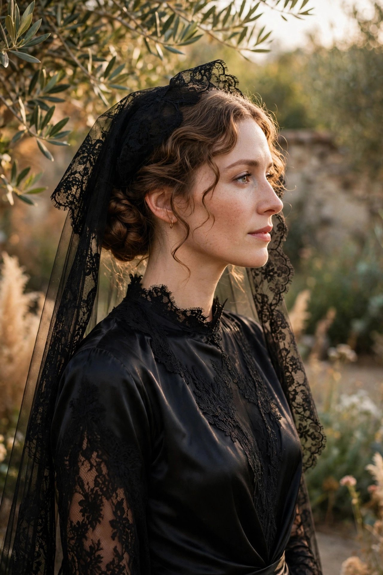 Vintage-style portrait of a bride in an elegant black silk gown with a mantilla veil