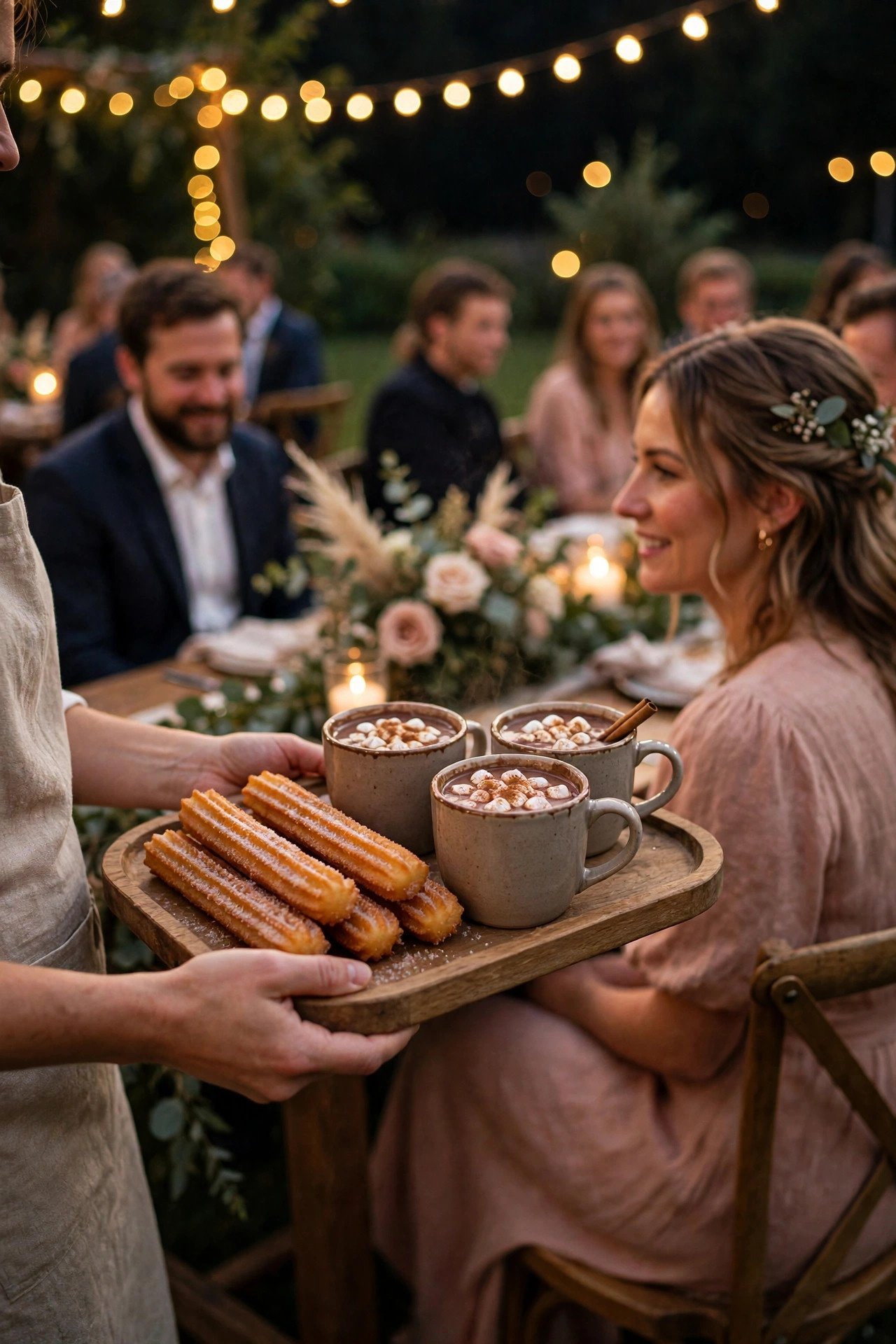 Tray of golden churros with cups of thick hot chocolate served to wedding guests at night
