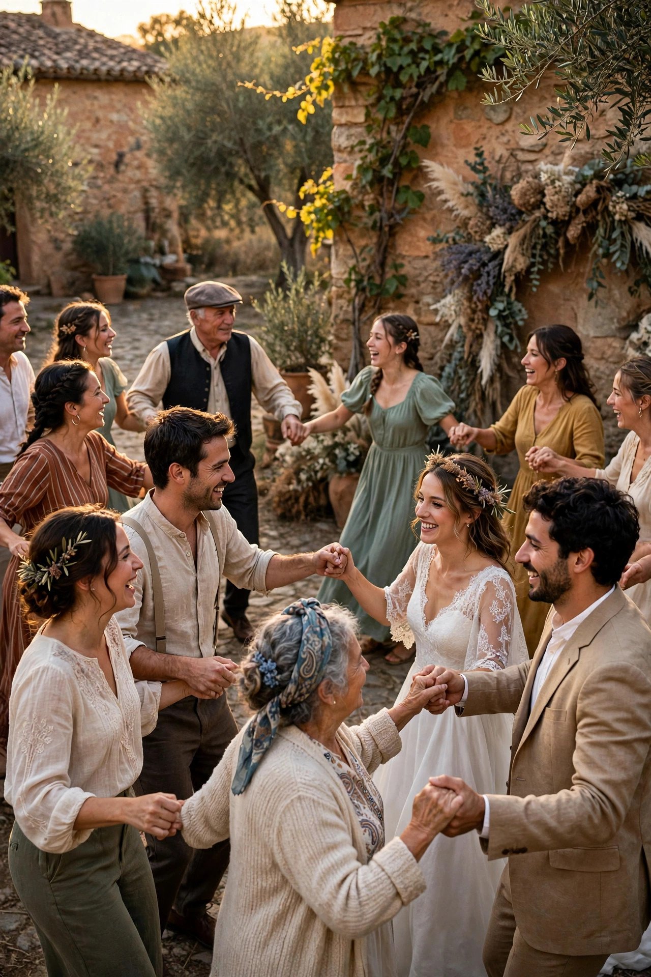 Guests dancing hand in hand in a wide circle during a regional Spanish celebration