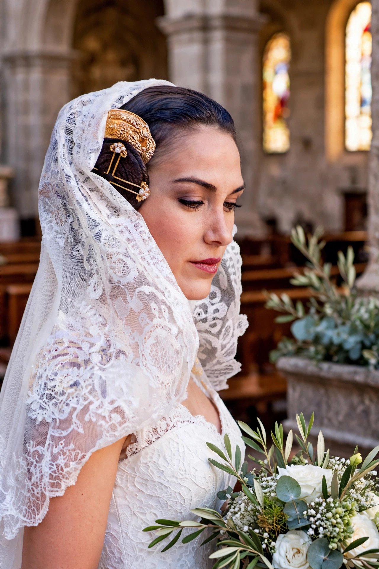 Spanish bride wearing a lace mantilla veil over a decorative peineta comb at a church wedding