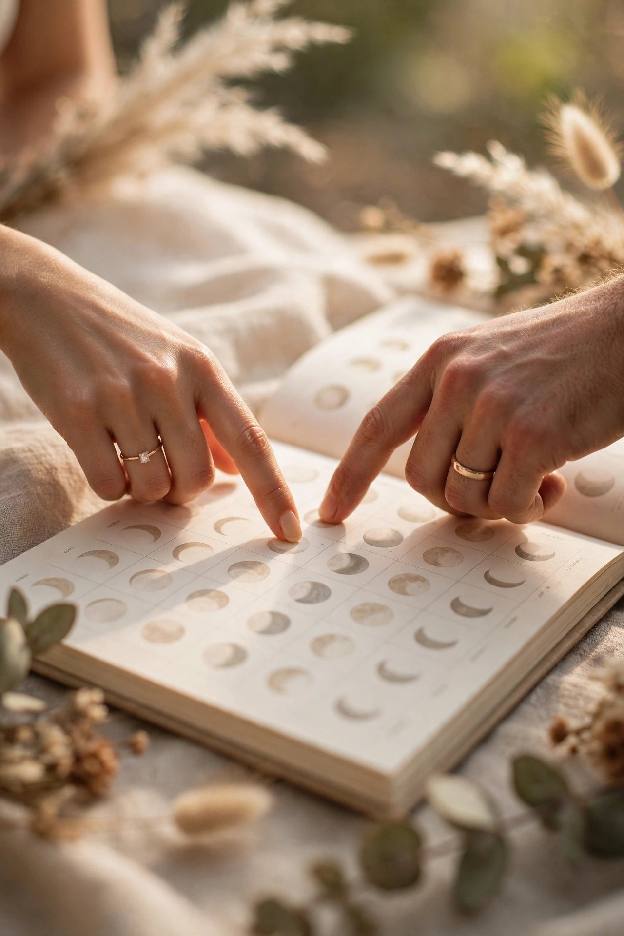 Open lunar calendar beside a couple's hands choosing a wedding date