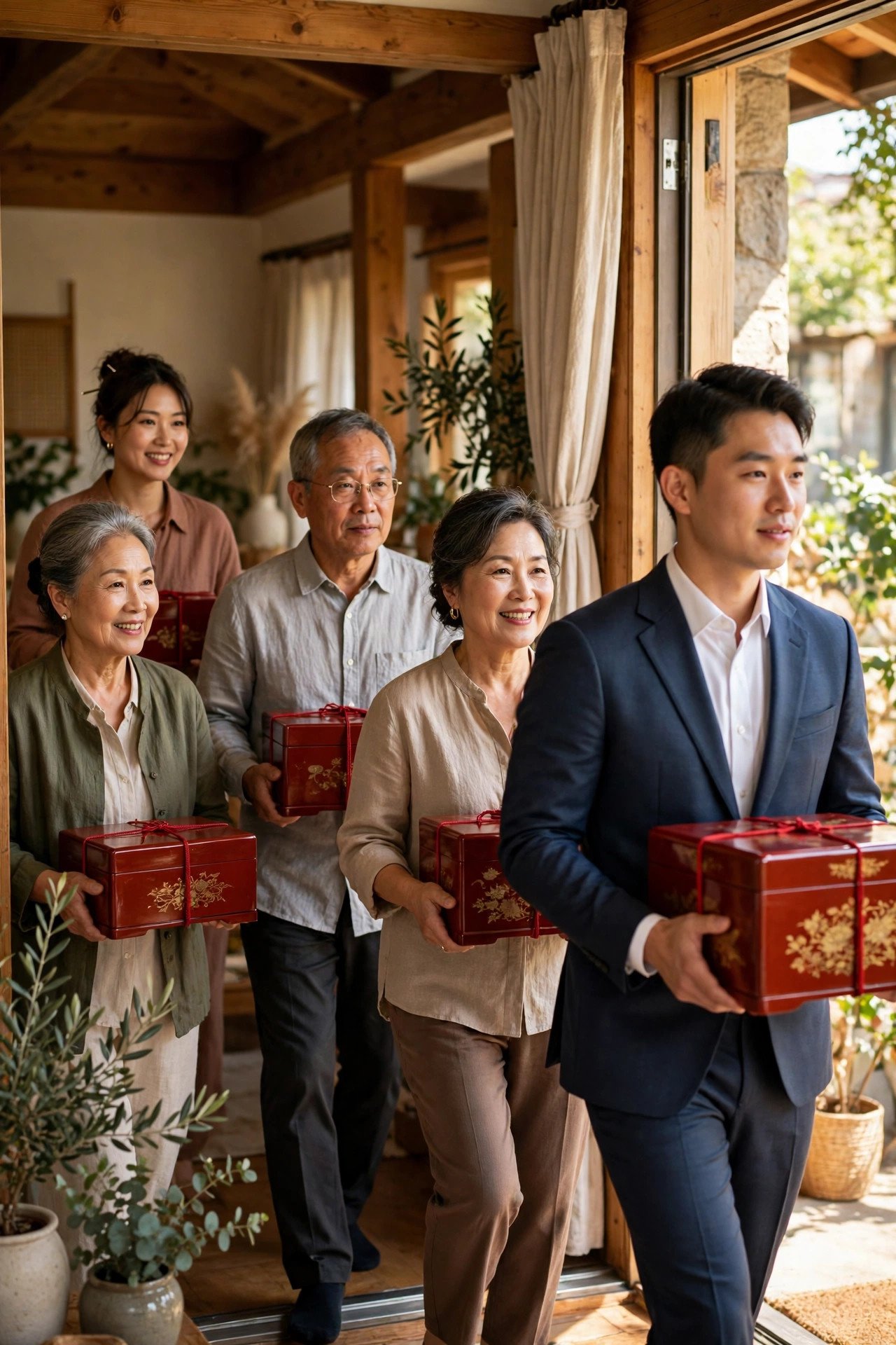 Groom's family processing into a home carrying red lacquered gift boxes for an engagement ceremony
