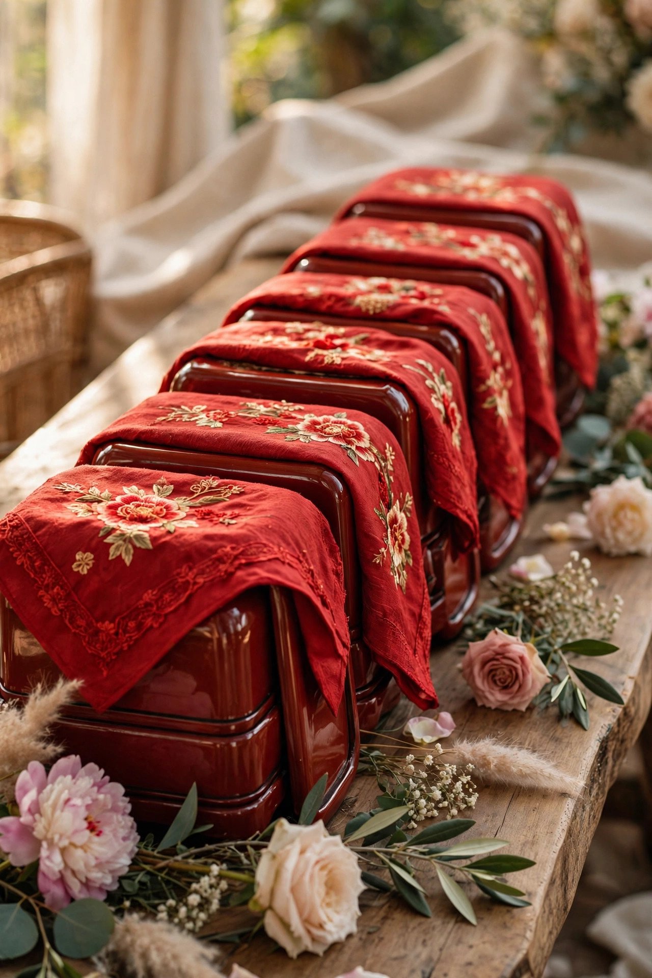 Row of red lacquered mam qua trays covered with embroidered red cloths