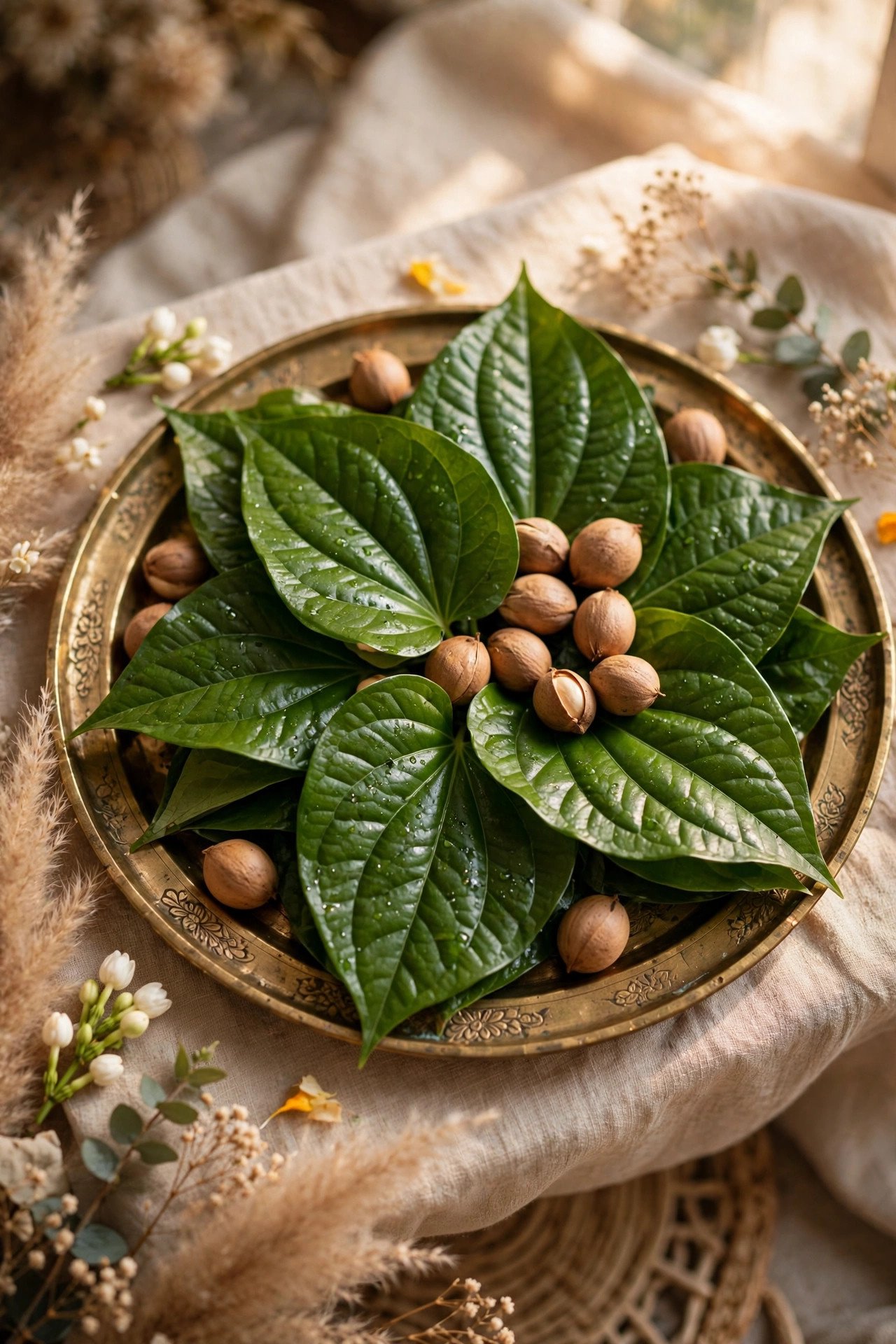 Fresh betel leaves and areca nuts arranged on a ceremonial tray