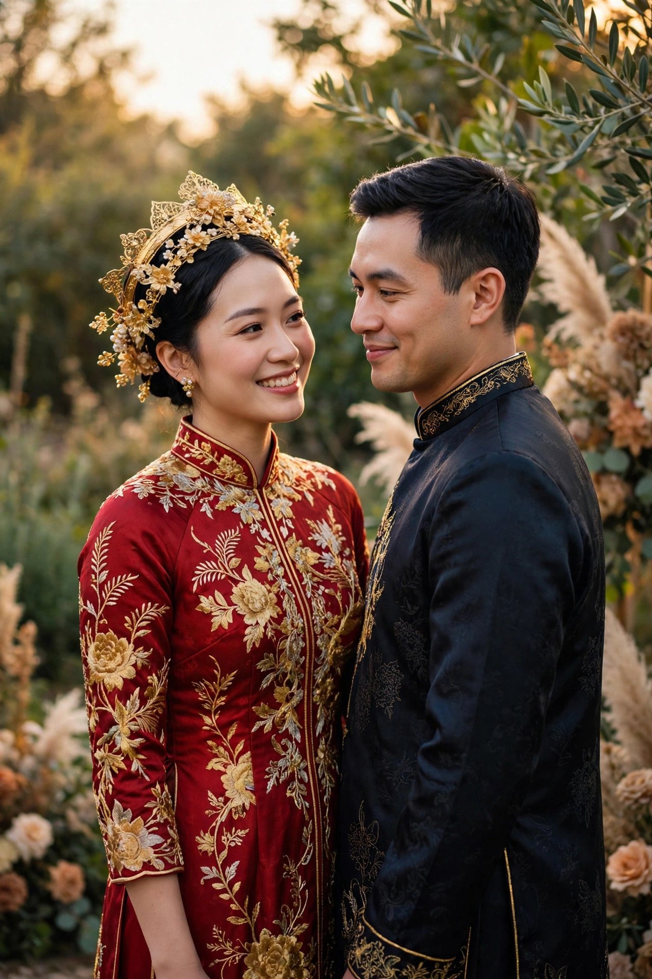 Bride in a red embroidered ao dai with a gold headdress standing beside her groom