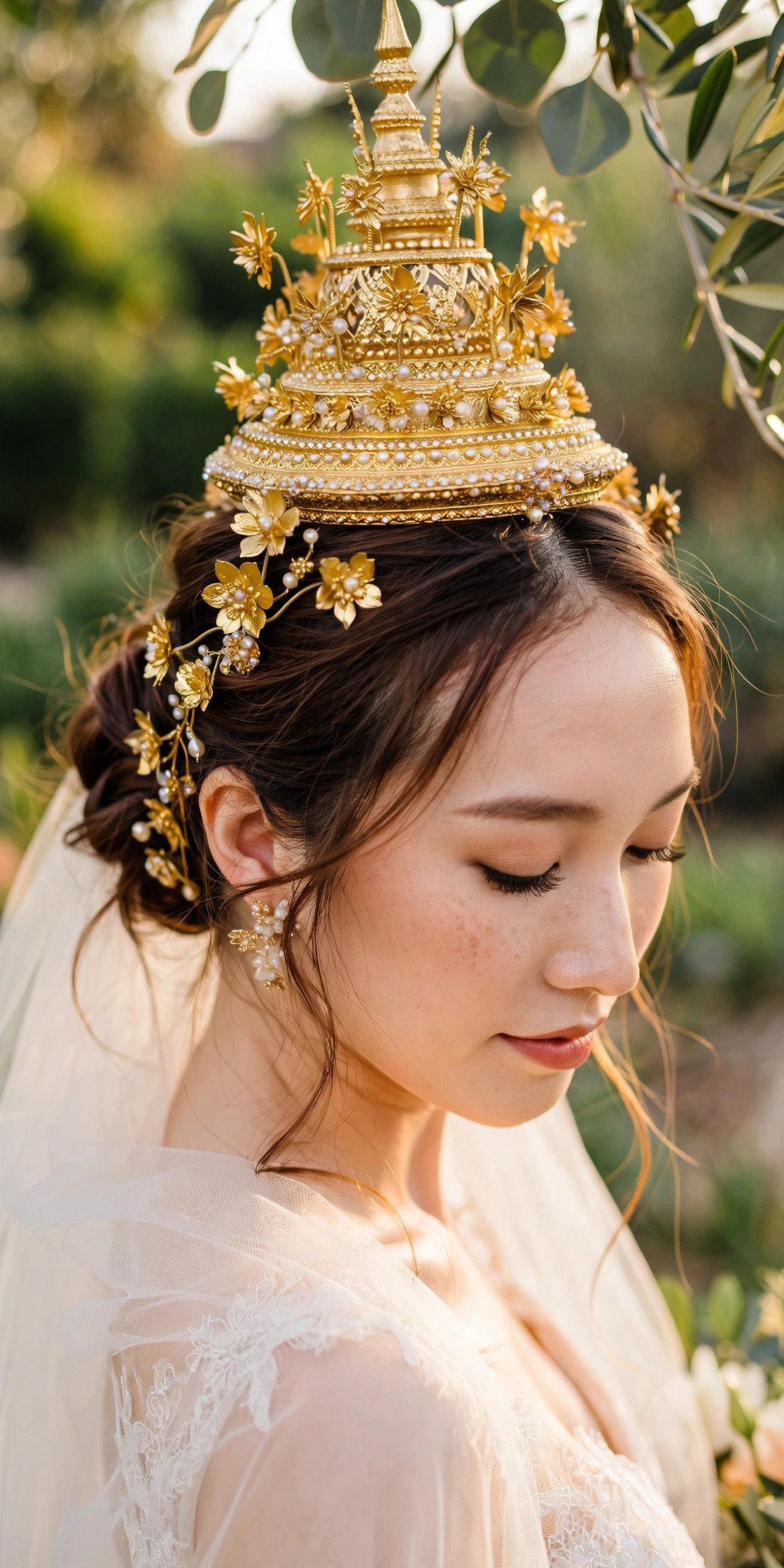 Close view of a gold khan dong headdress worn over a bride's hair
