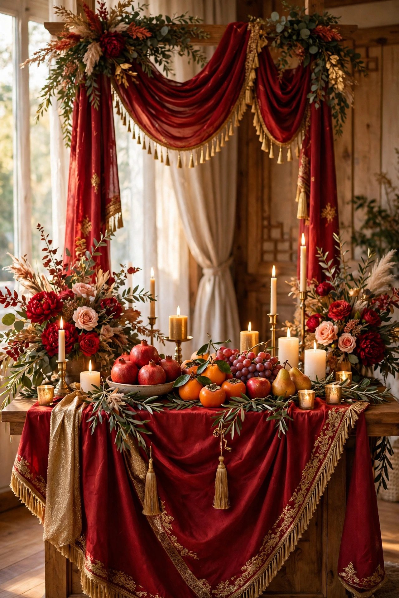 Wedding altar decorated in red and gold with banners, candles and fruit offerings