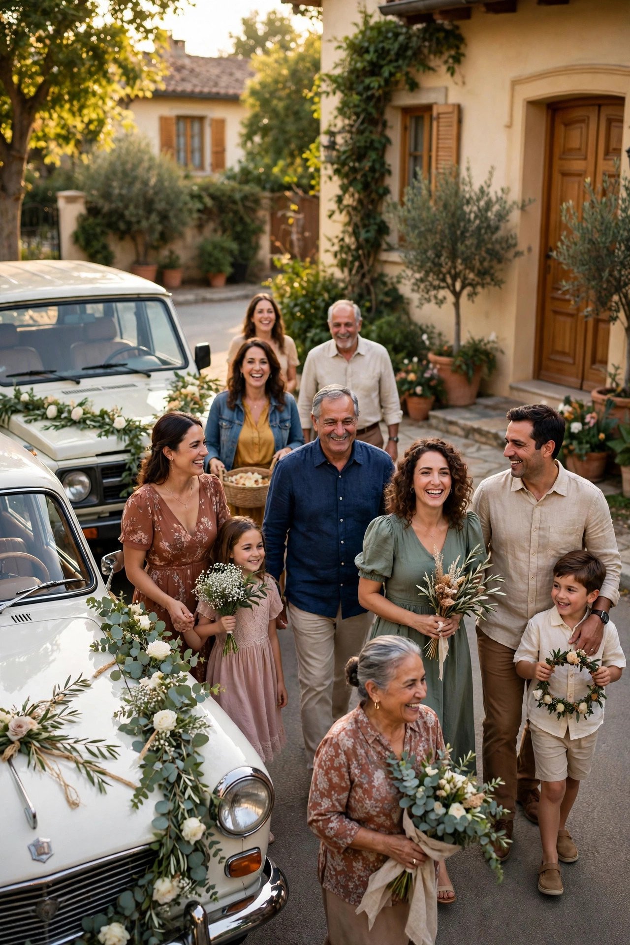 Decorated cars and a happy procession of family members arriving at a bride's family home