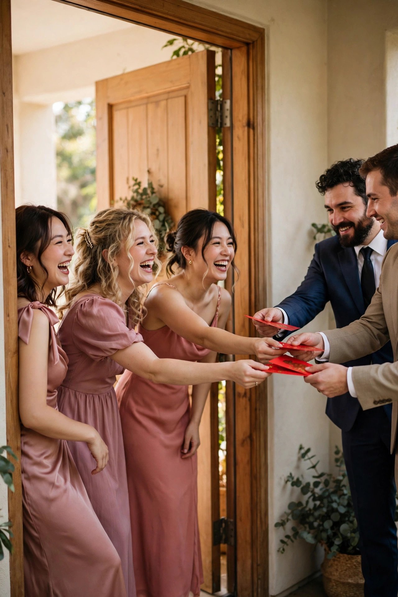 Bridesmaids laughing as they block a doorway while the groom's party offers red envelopes