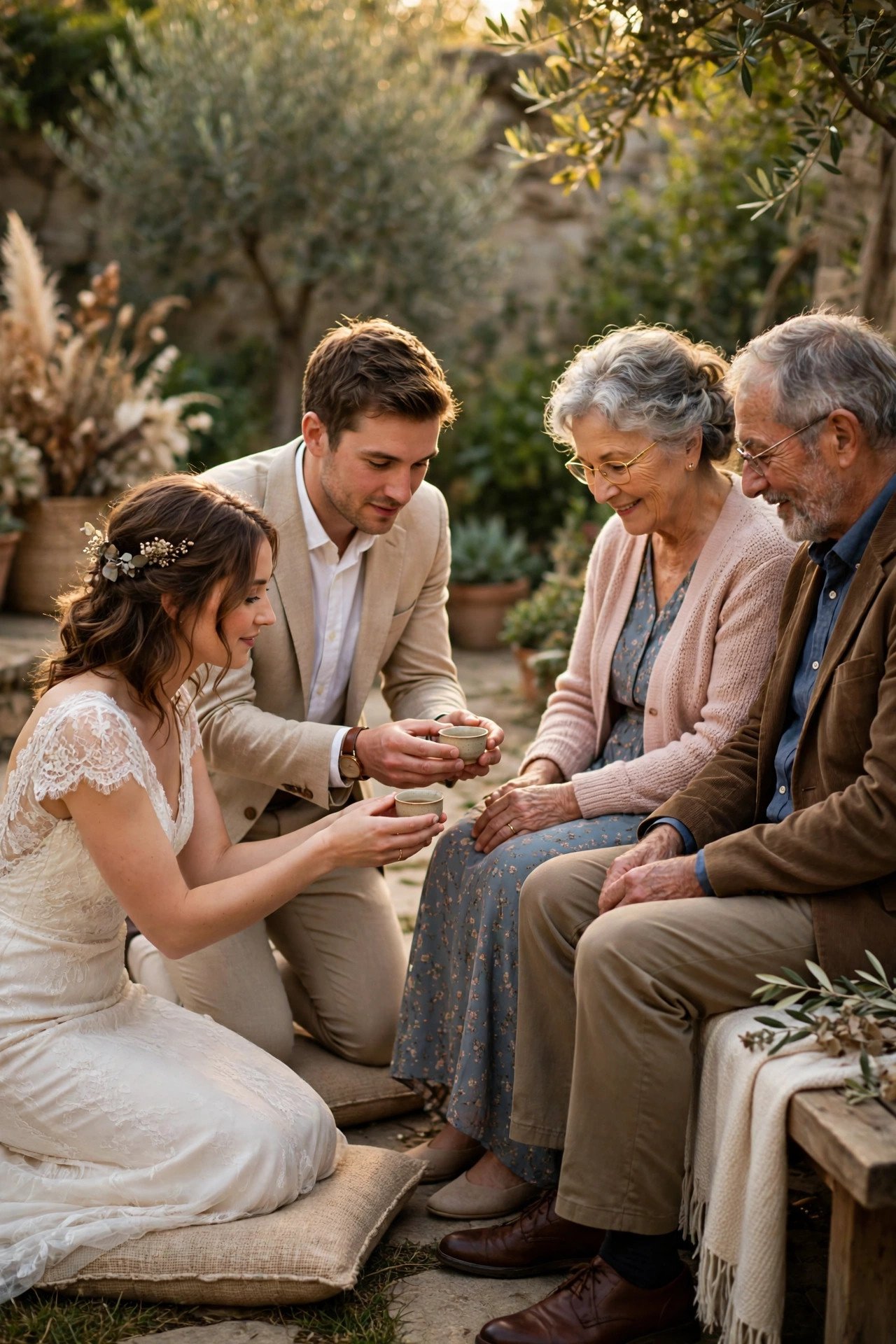 Couple kneeling to offer small cups of tea to seated grandparents