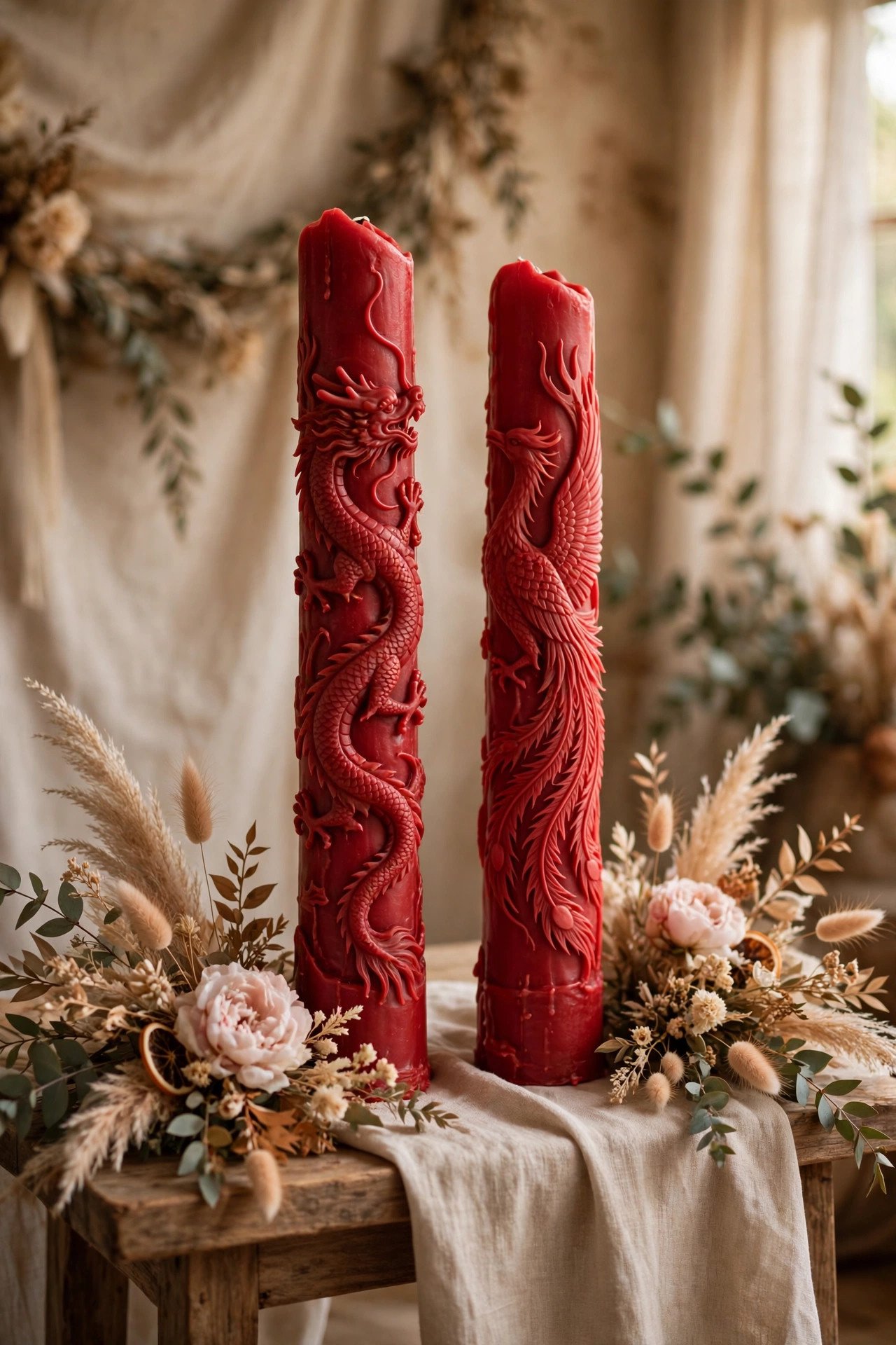 Pair of tall red candles carved with a dragon and a phoenix on a wedding altar